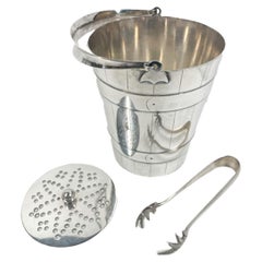 Antique Silver Plate Ice Bucket, Staved Pail Form w/Strainer and Tongs