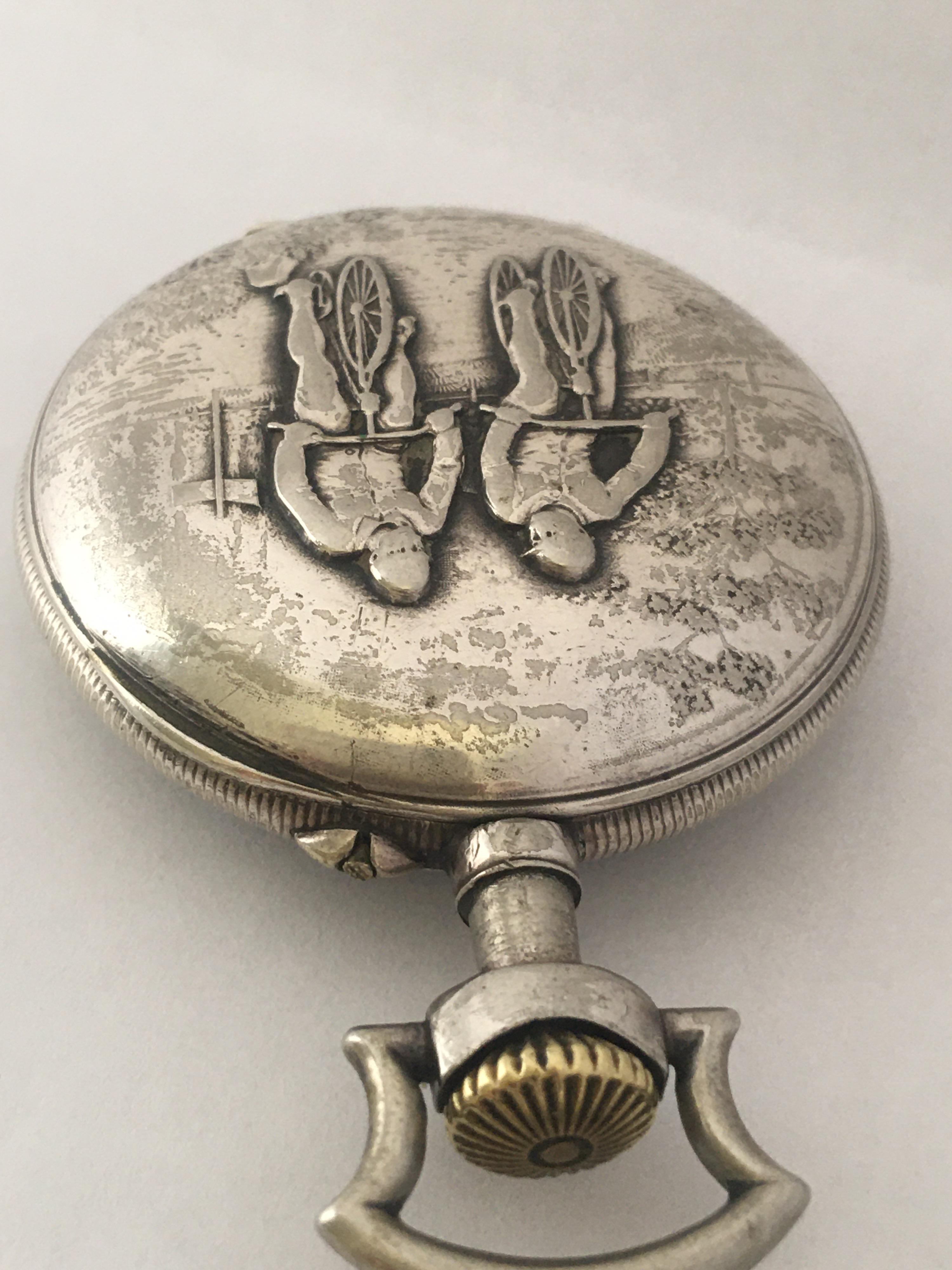 Antique Silver Plate Manual winding Cyclists Pocket Watch For Sale 3