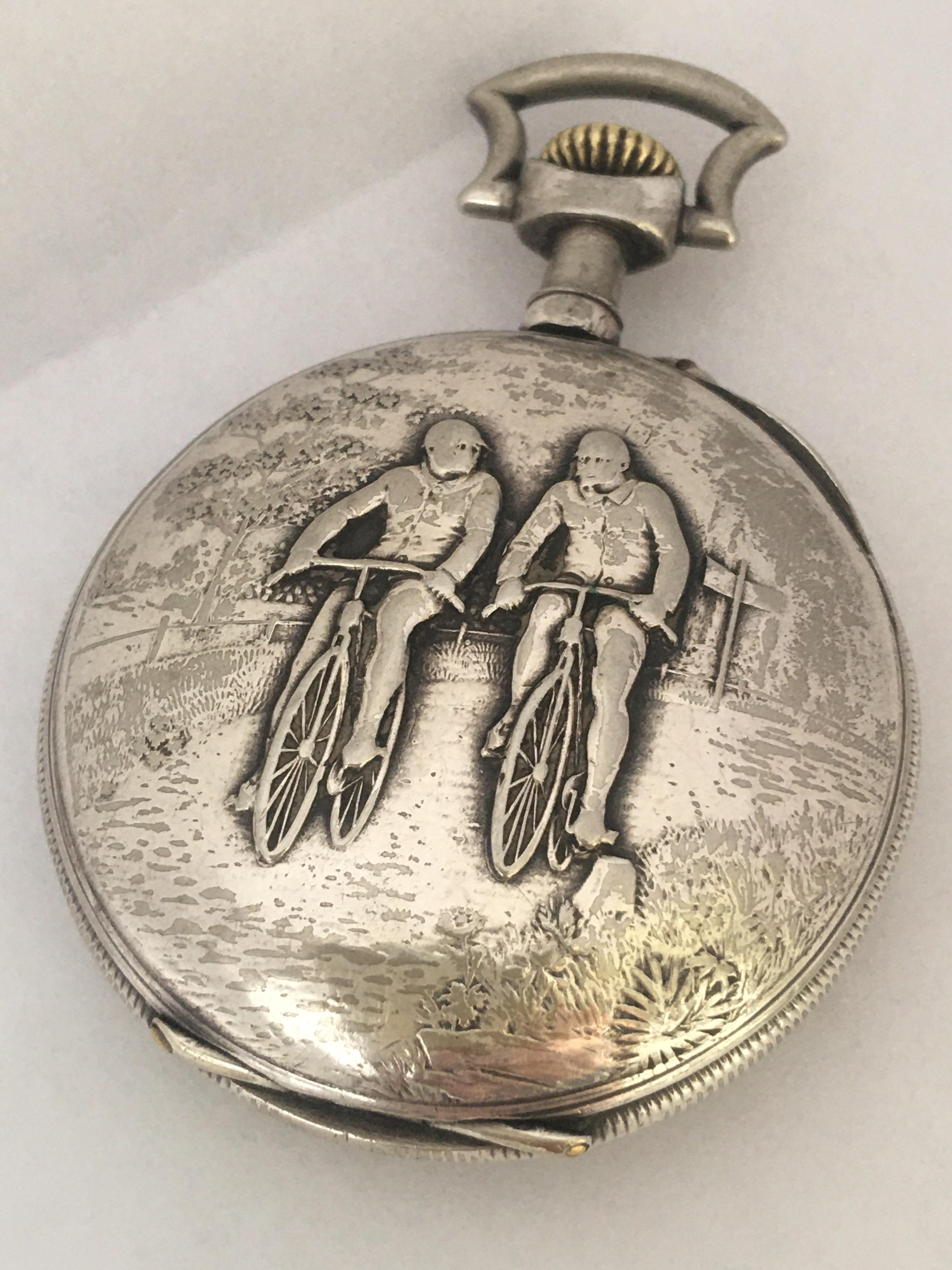 Antique Silver Plate Manual winding Cyclists Pocket Watch For Sale 4