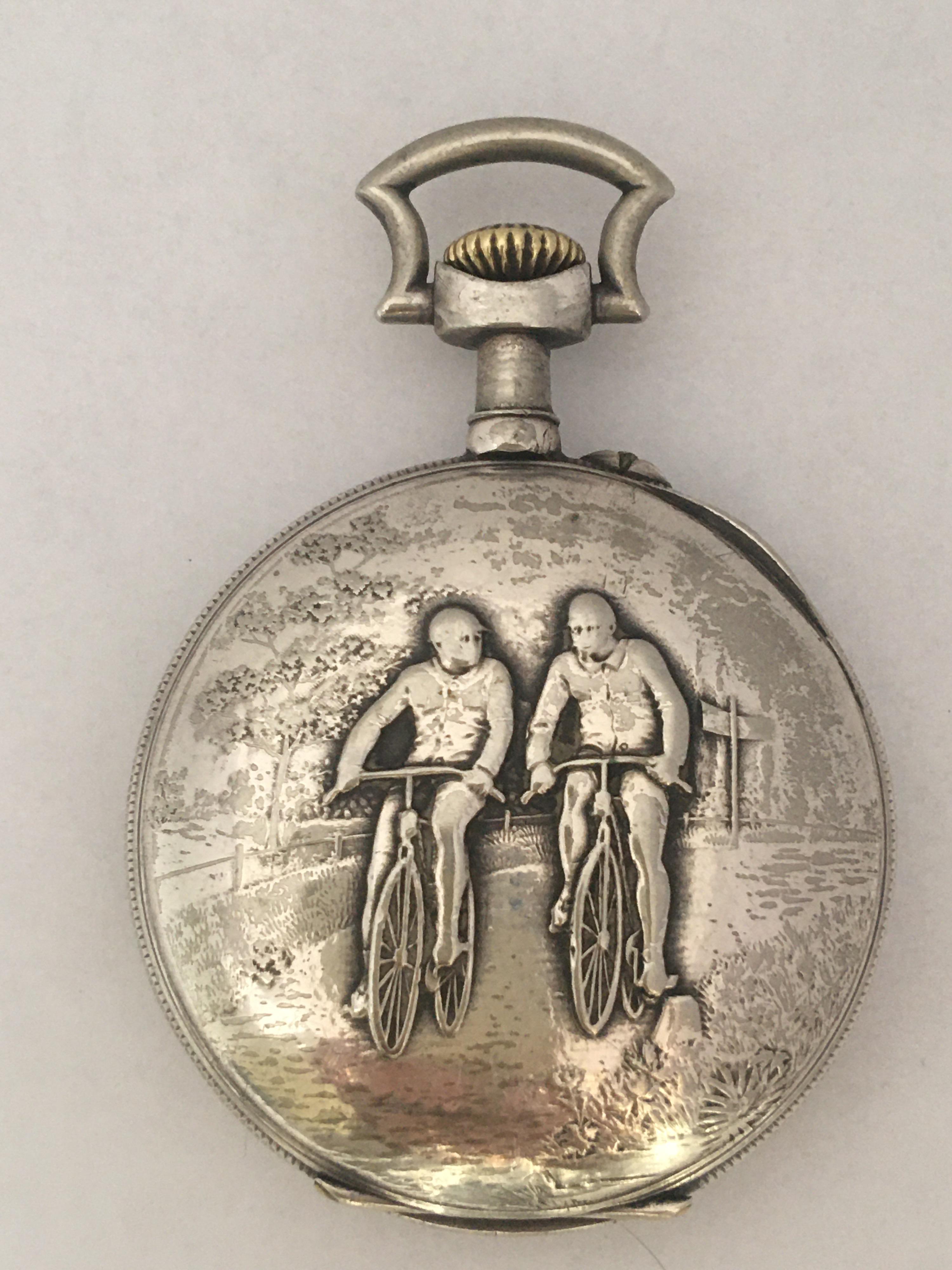 Antique Silver Plate Manual winding Cyclists Pocket Watch For Sale 7