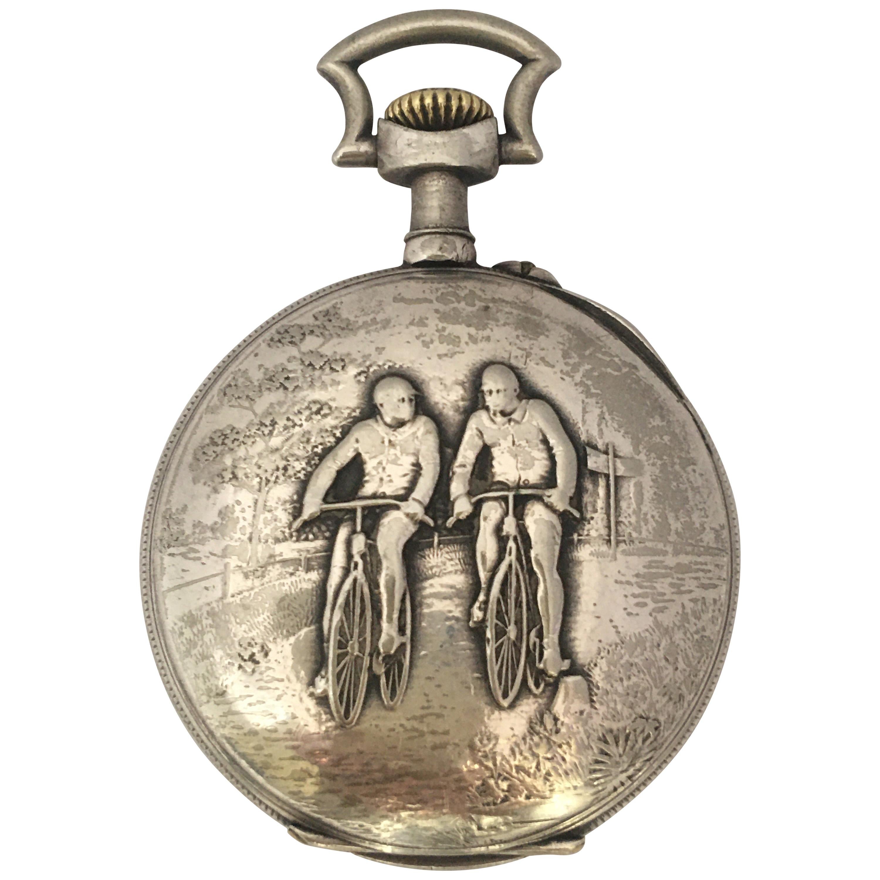 Antique Silver Plate Manual winding Cyclists Pocket Watch For Sale