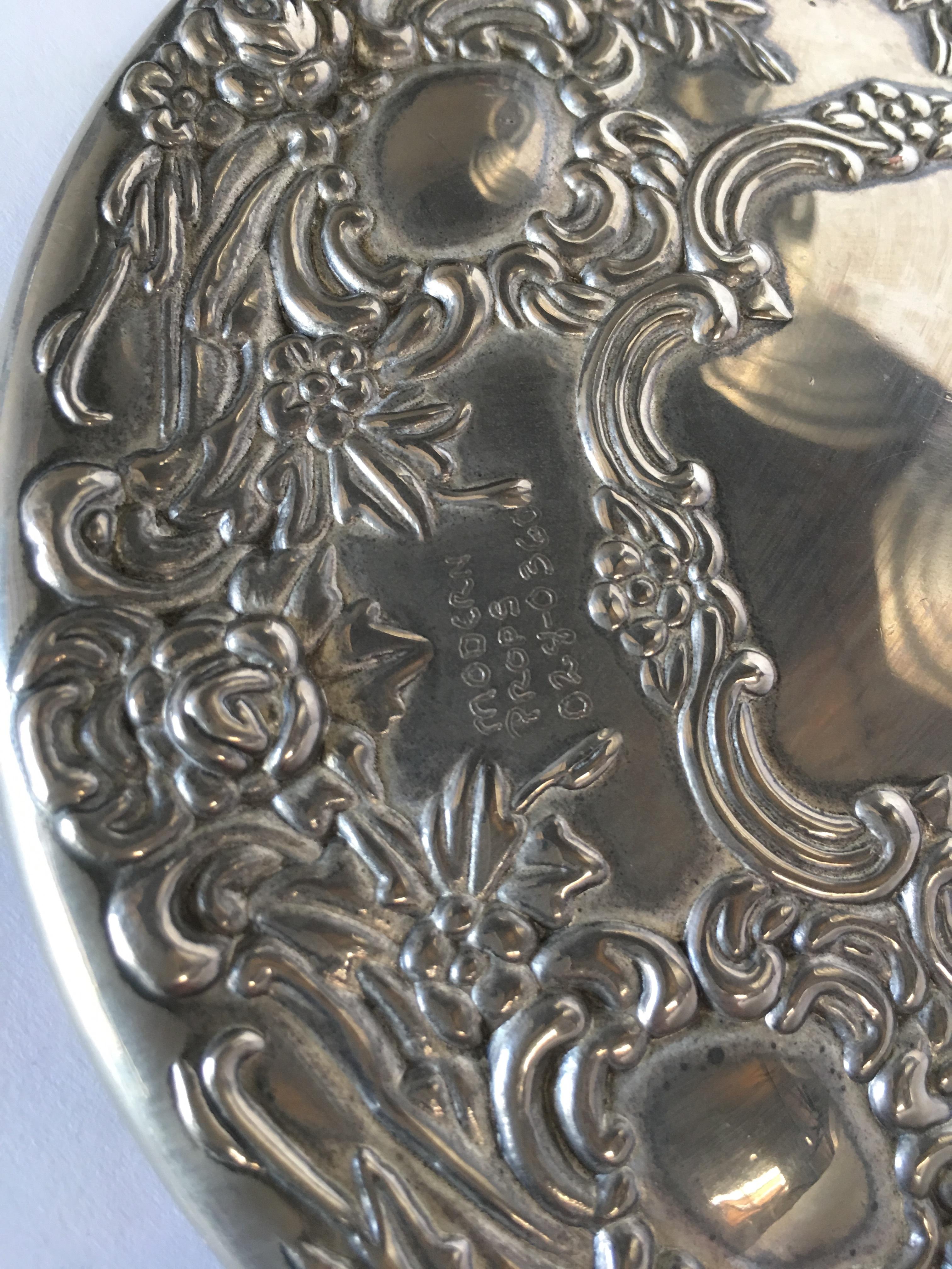 Antique Silver Plate Rose Pattern Vanity Hand In Excellent Condition For Sale In Van Nuys, CA