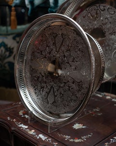 Antique Silver Plate Round Serving Tray with Gallery Rim