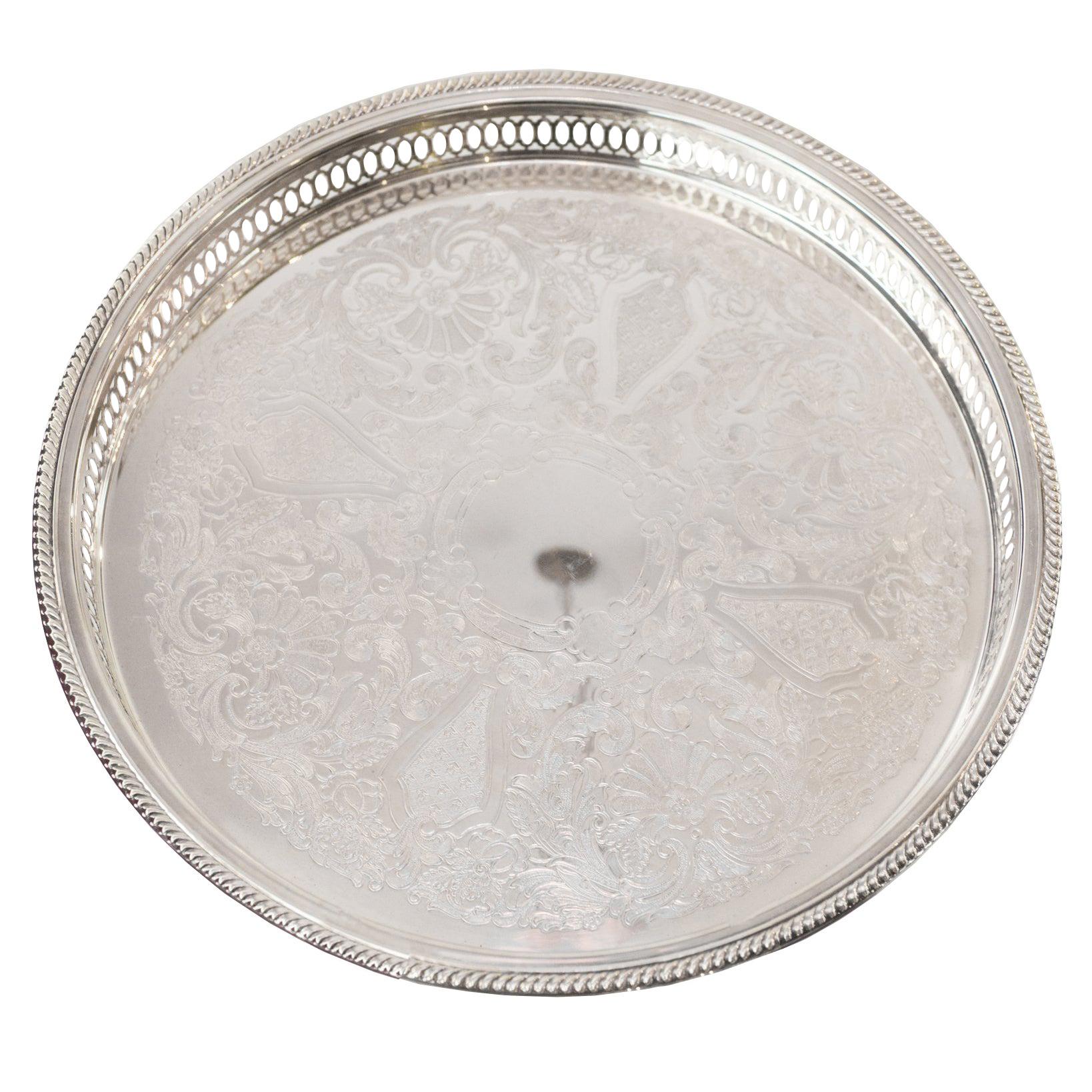 Antique Silver Plate Round Serving Tray with Gallery Rim