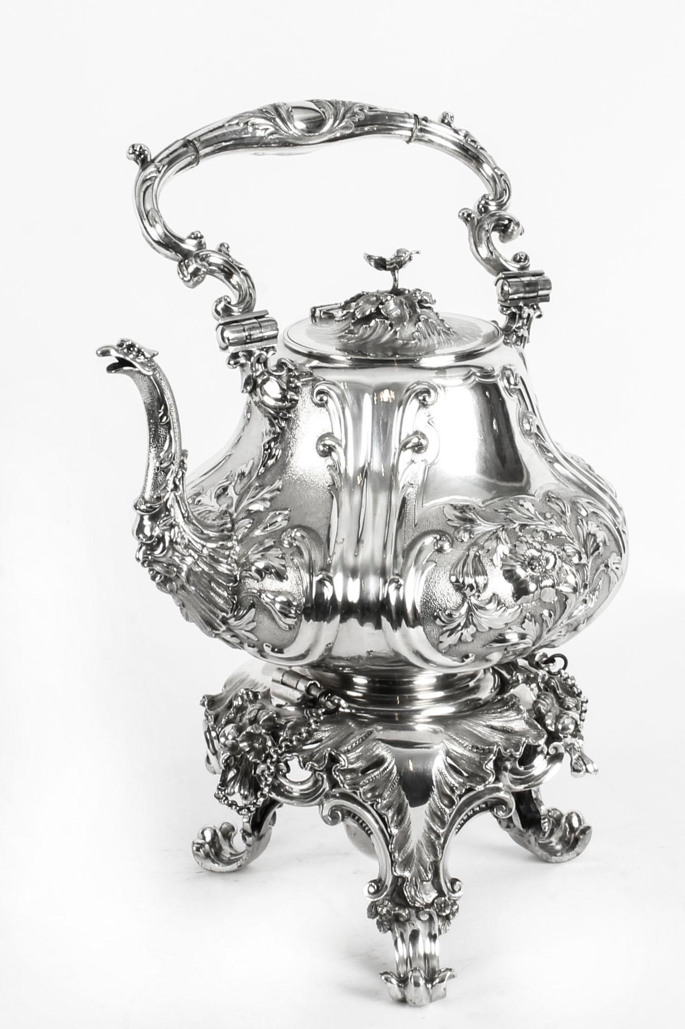 English Antique Silver Plate Spirit Kettle on Stand by Elkington, 19th Century