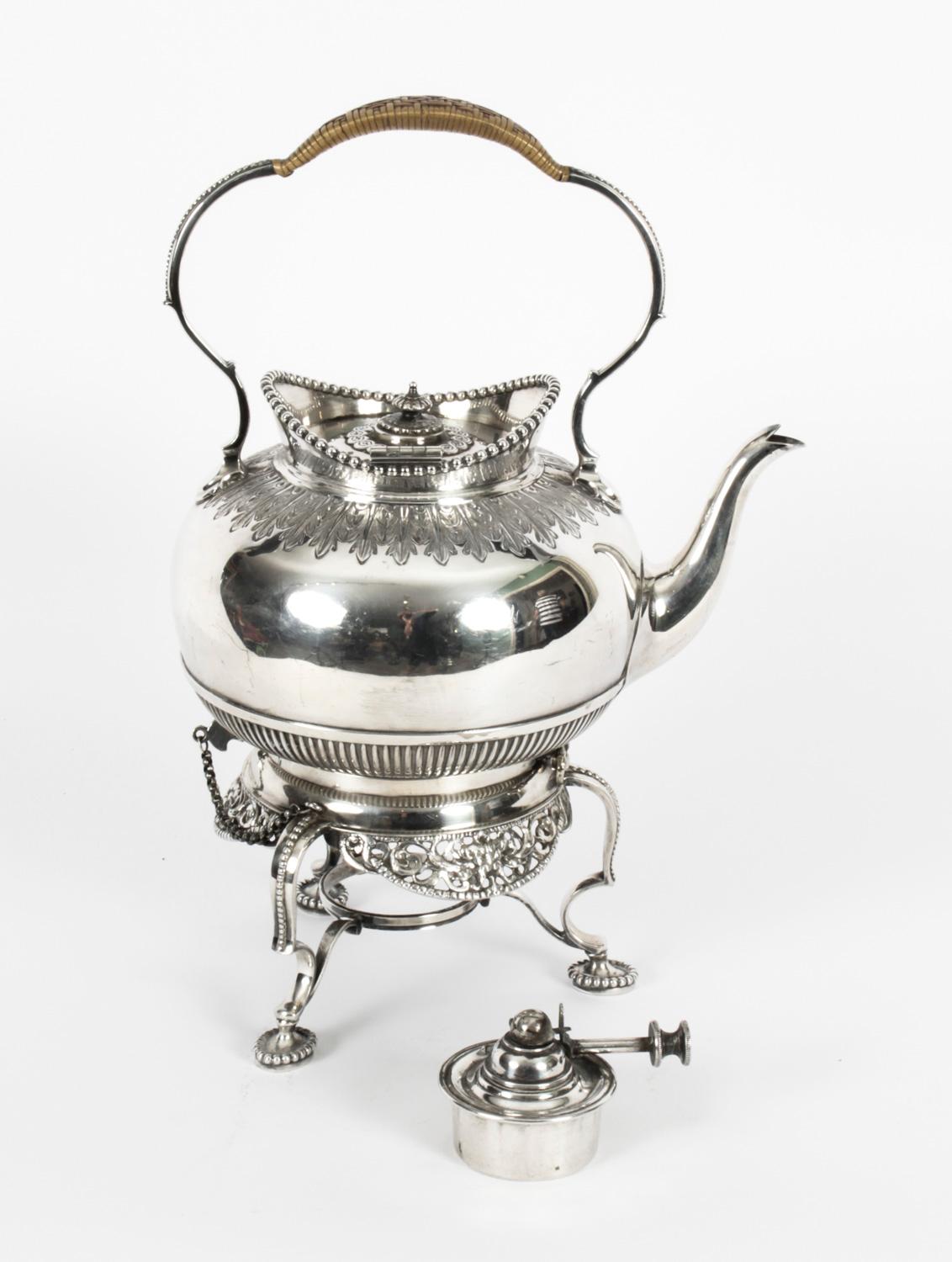 English Antique Silver Plate Spirit Kettle on Stand by Elkington Dated 1845 19th C