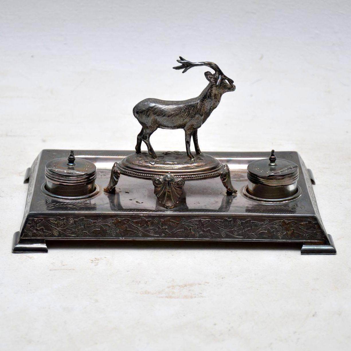Victorian Antique Silver Plate Stag Inkwell Stand by James Deakin