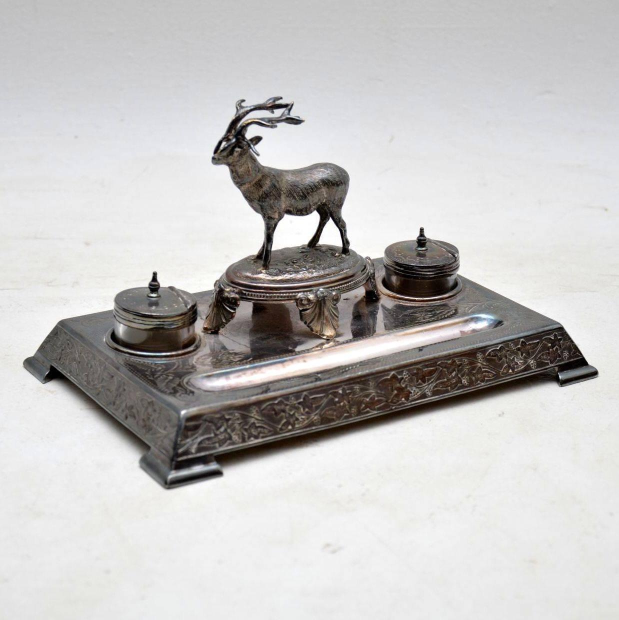 English Antique Silver Plate Stag Inkwell Stand by James Deakin