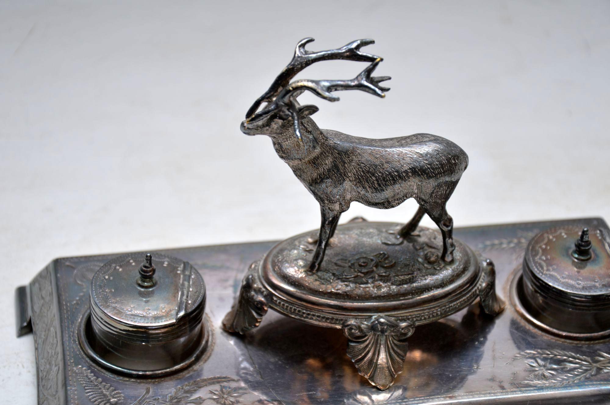 Late Victorian Antique Silver Plate Stag Inkwell Stand by James Deakin