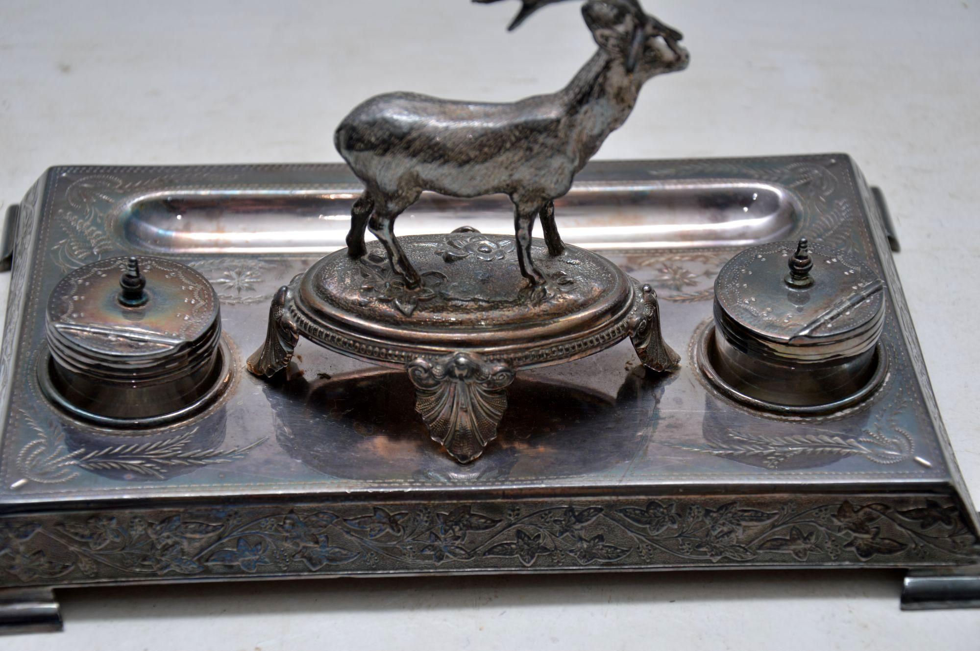 British Antique Silver Plate Stag Inkwell Stand by James Deakin