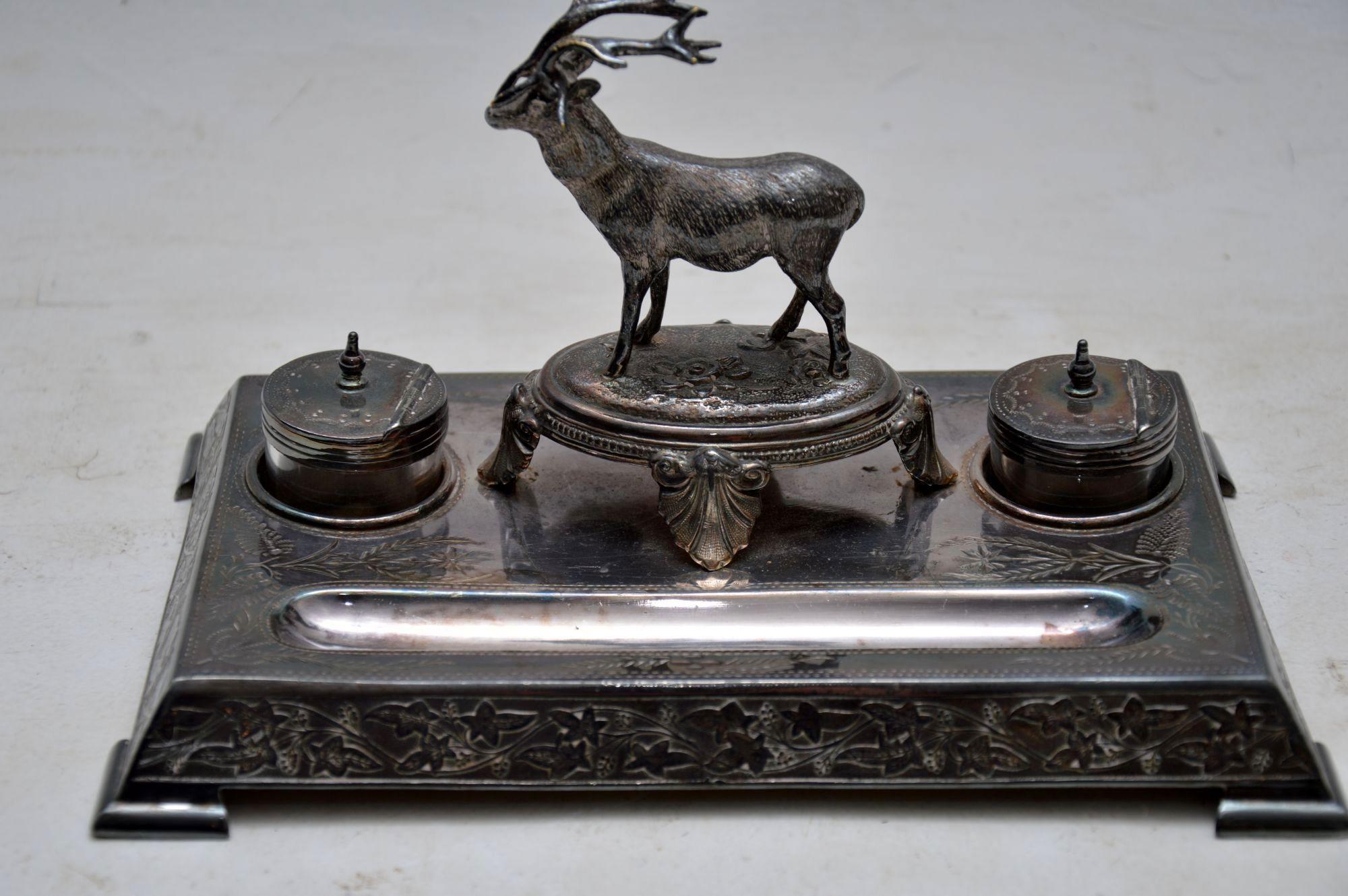 Antique Silver Plate Stag Inkwell Stand by James Deakin In Good Condition In London, GB