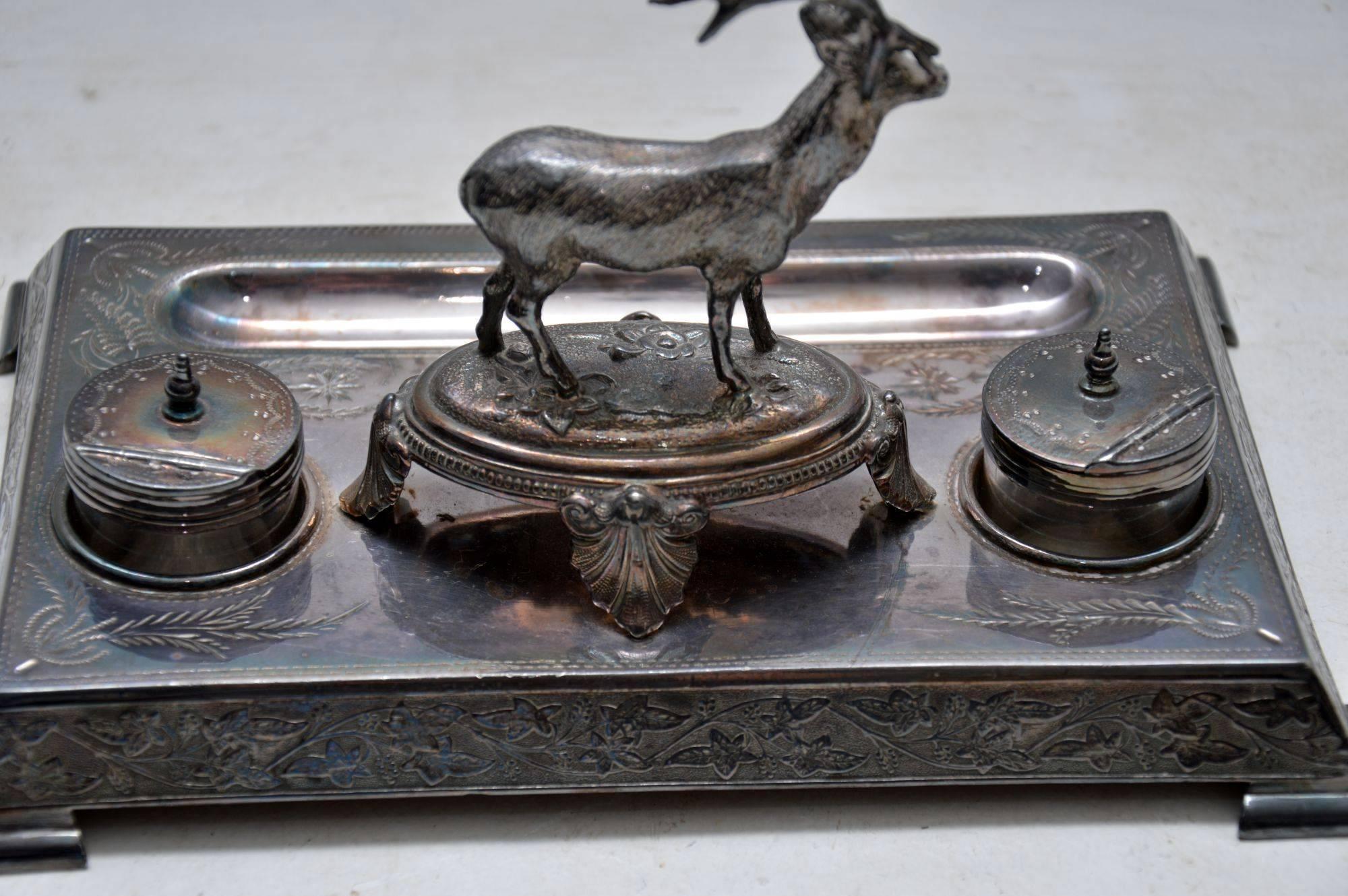 Late 19th Century Antique Silver Plate Stag Inkwell Stand by James Deakin