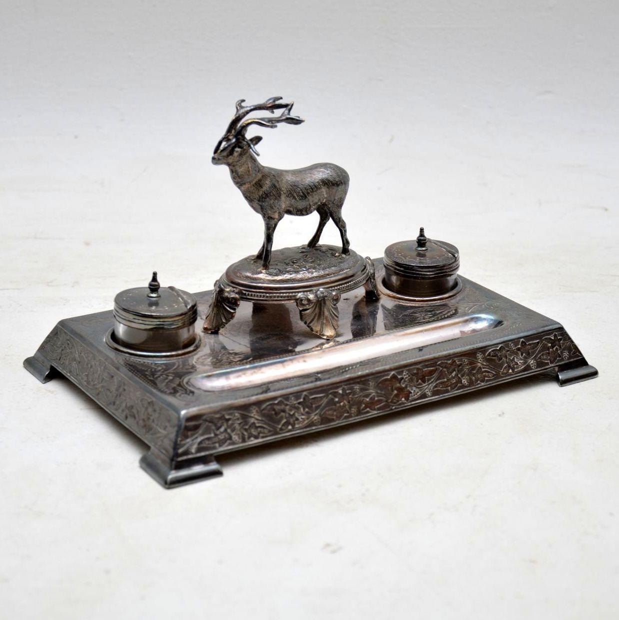 Antique Silver Plate Stag Inkwell Stand by James Deakin In Good Condition In London, GB