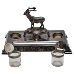 Antique Silver Plate Stag Inkwell Stand by James Deakin