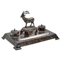 Antique Silver Plate Stag Inkwell Stand by James Deakin