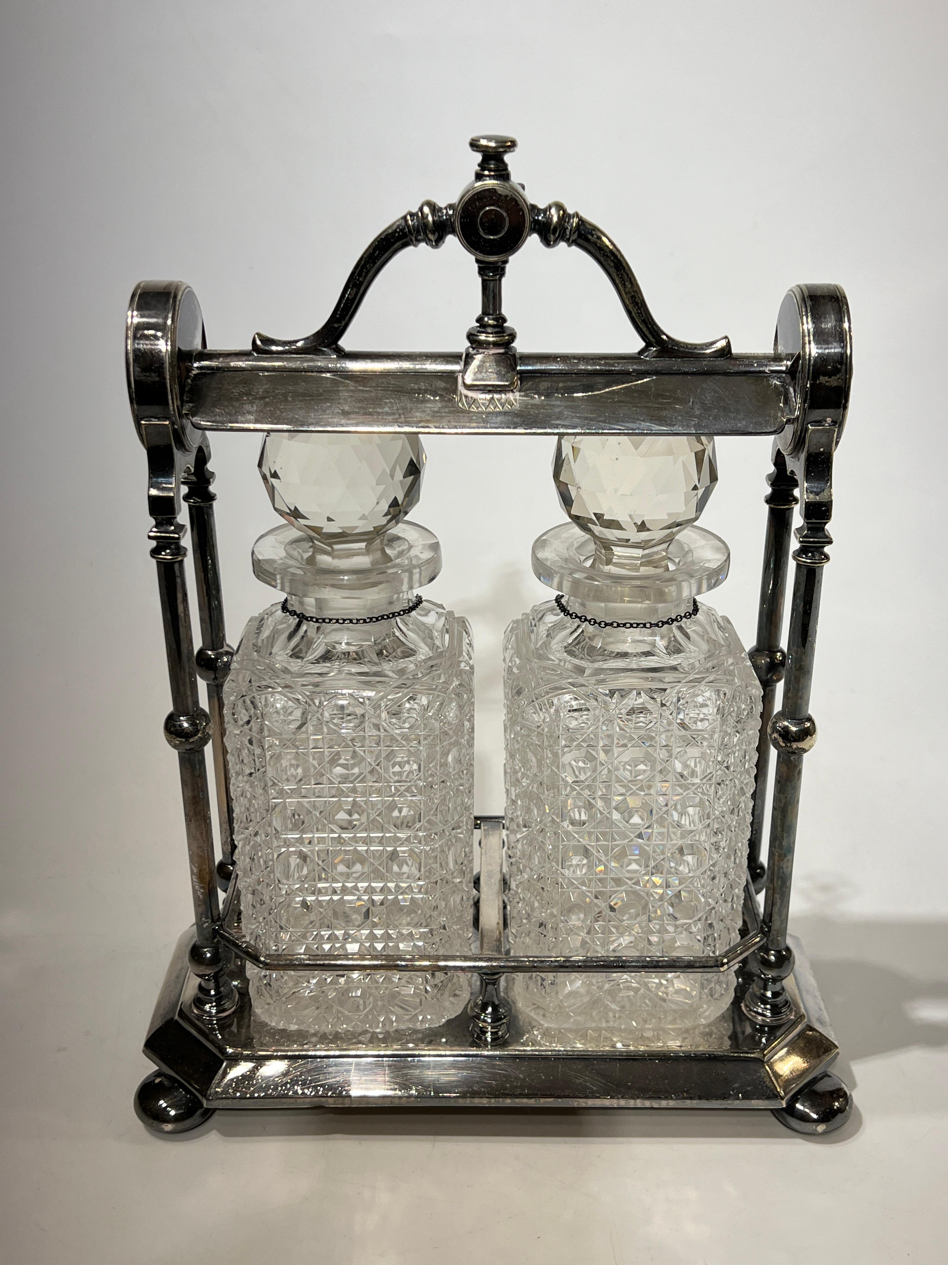 19th Century Antique Silver Plate Tantalus with Scotch and Rye Cut Glass Decanters