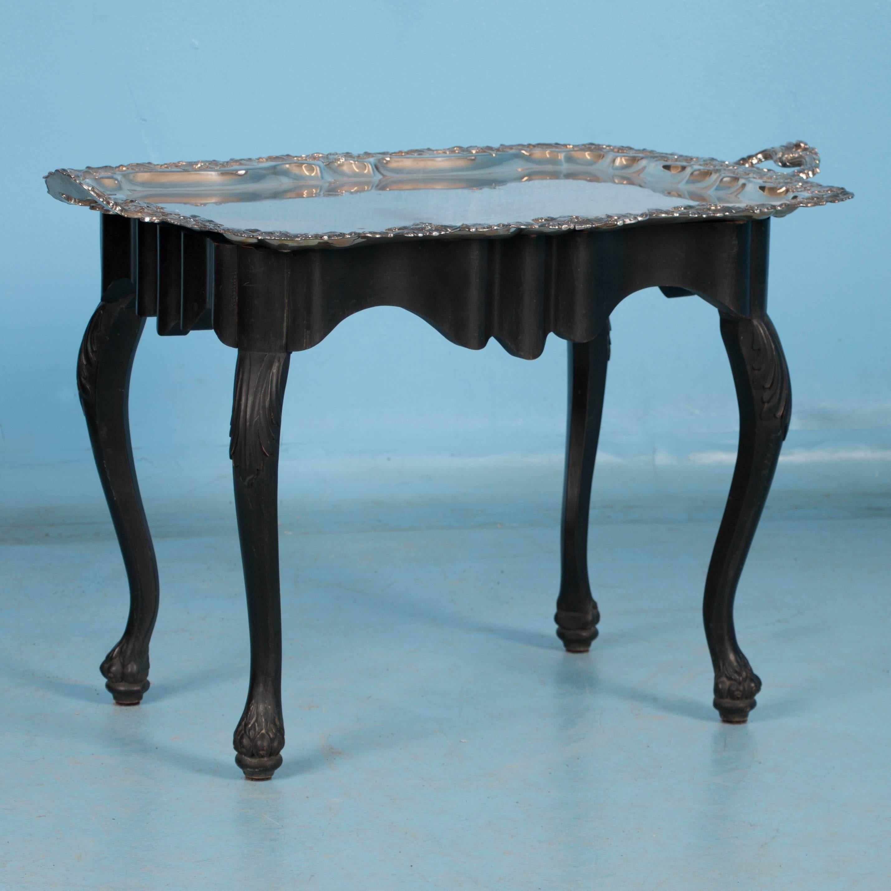 English Antique Silver Plate Tray Table on an Ebonized Base