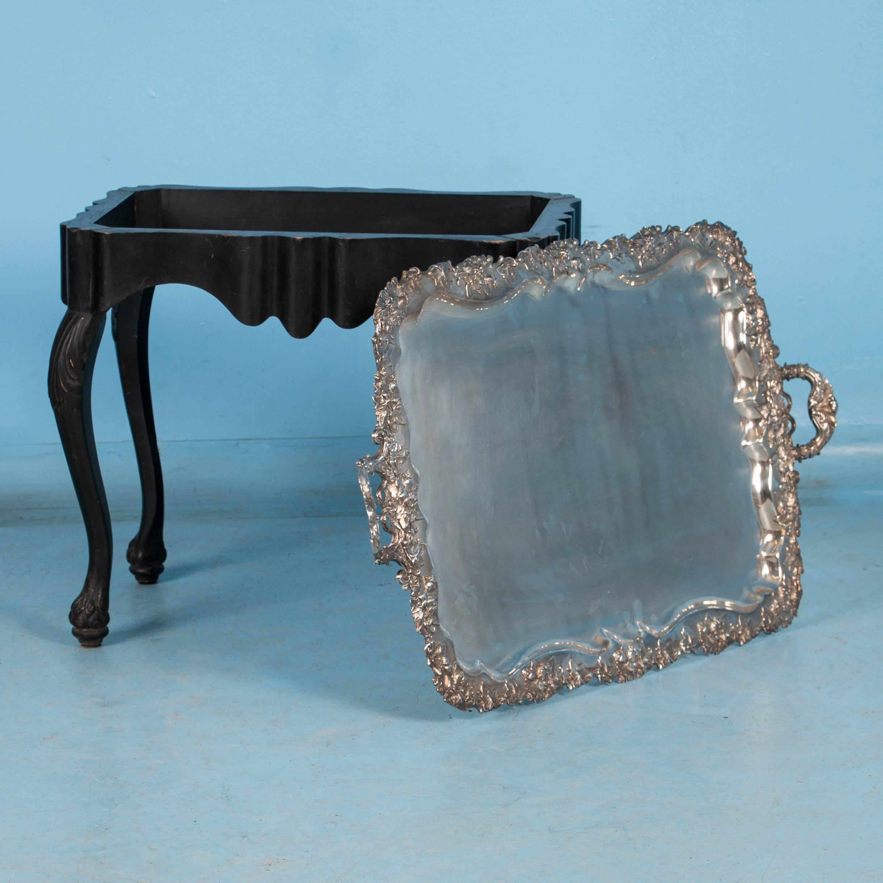 Antique Silver Plate Tray Table on an Ebonized Base 1