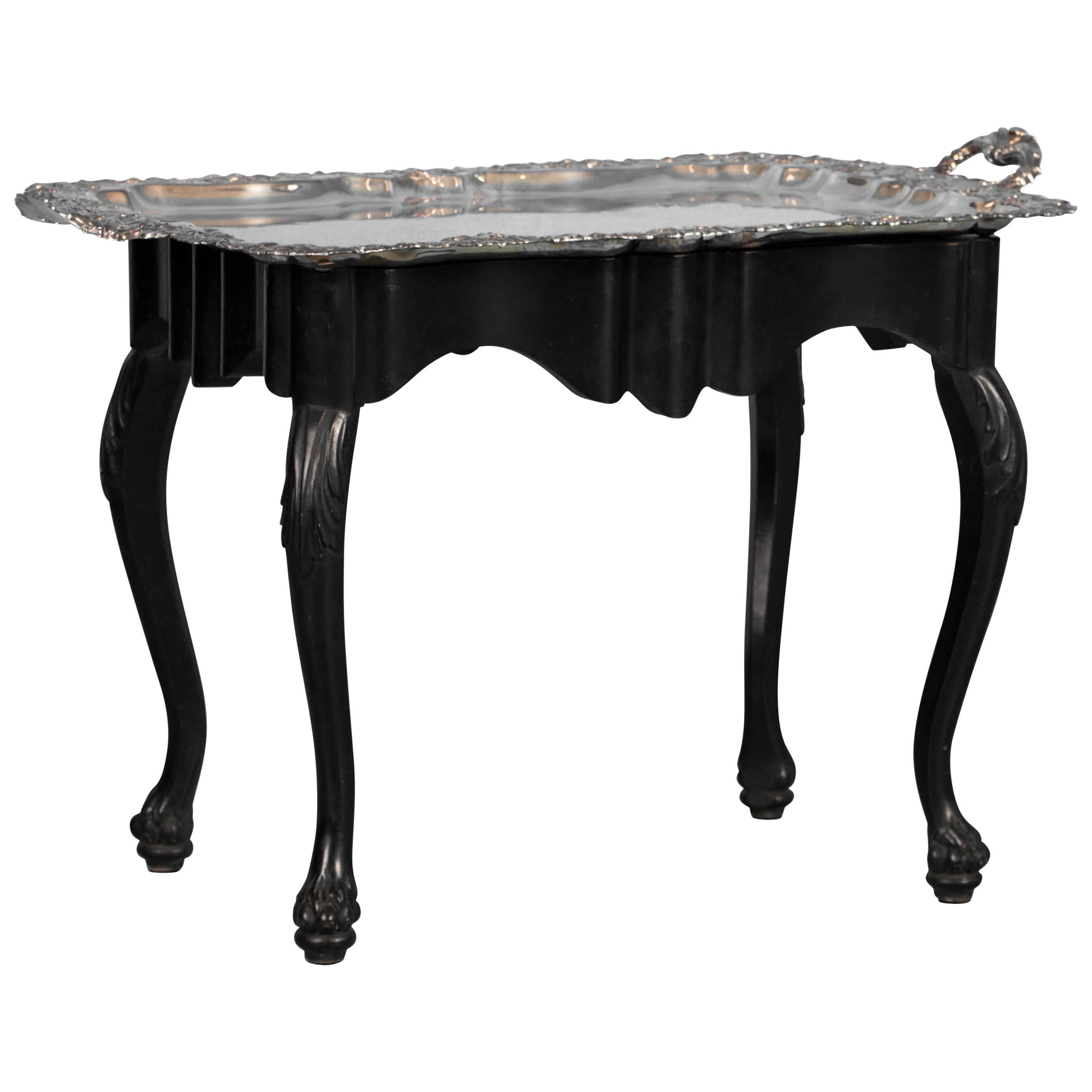 Antique Silver Plate Tray Table on an Ebonized Base