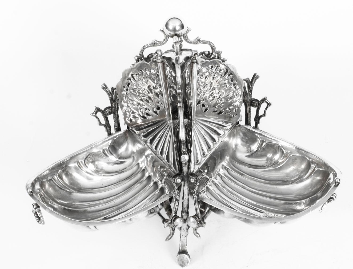 Antique Silver Plate Triple Shell Shaped Sweets Biscuit Box, 19th Century 5