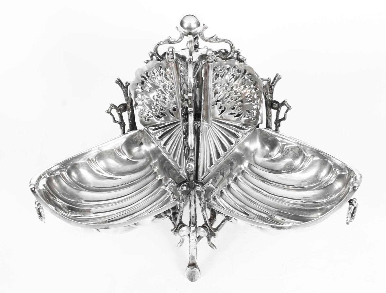 Antique Silver Plate Triple Shell Shaped Sweets Biscuit Box, 19th Century 8