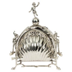 Antique Silver Plate Triple Shell Shaped Sweets Biscuit Box 19th Century