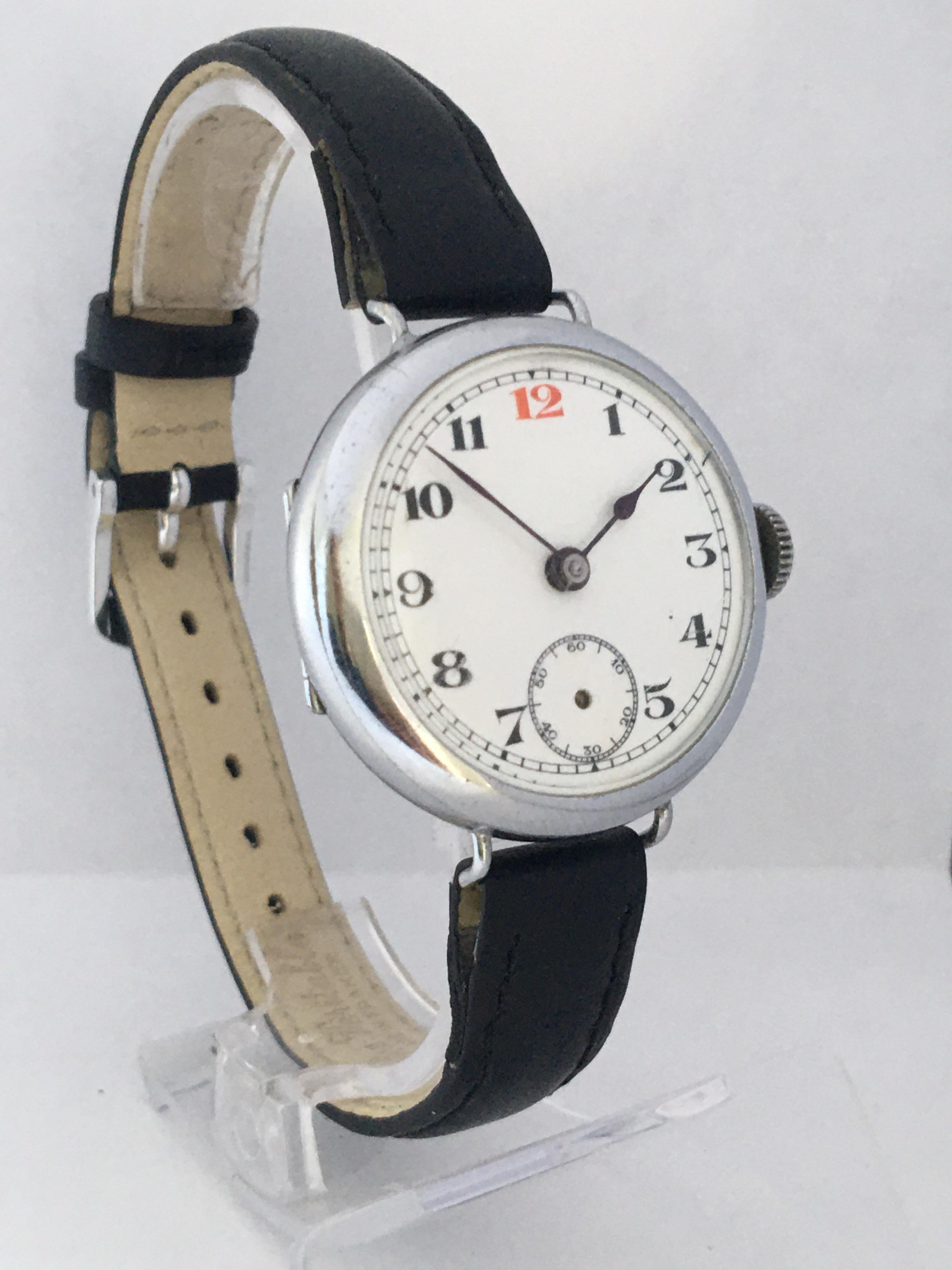 This beautiful antique 32mm case diameter hand winding Trench watch is in good working condition and it is running well. It is recently been serviced. The secondary hand is missing . Some signs of ageing and wear with light scratches on the glass