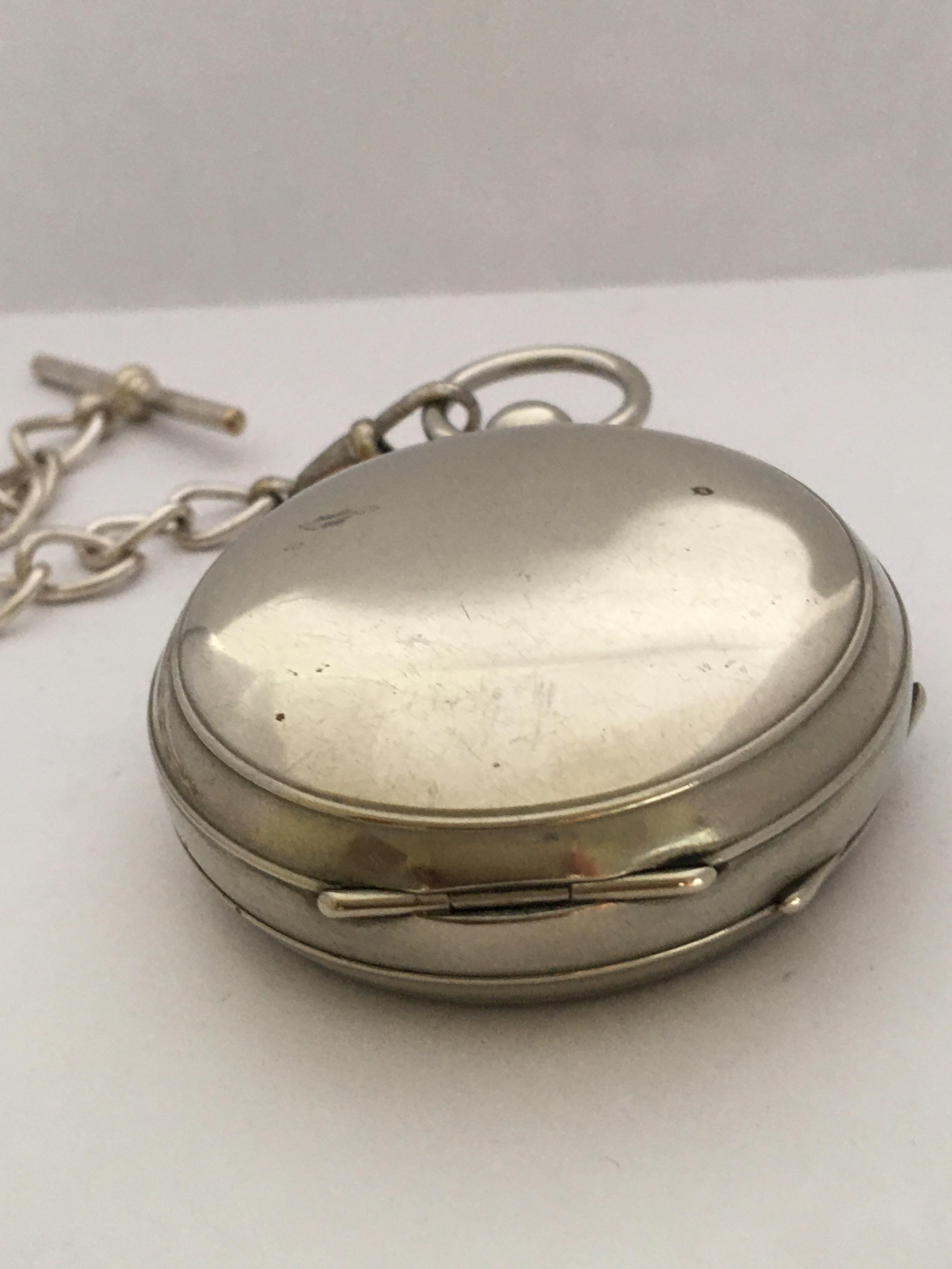 Antique Silver Plated Key-Winding Pocket Watch with a Chain 3