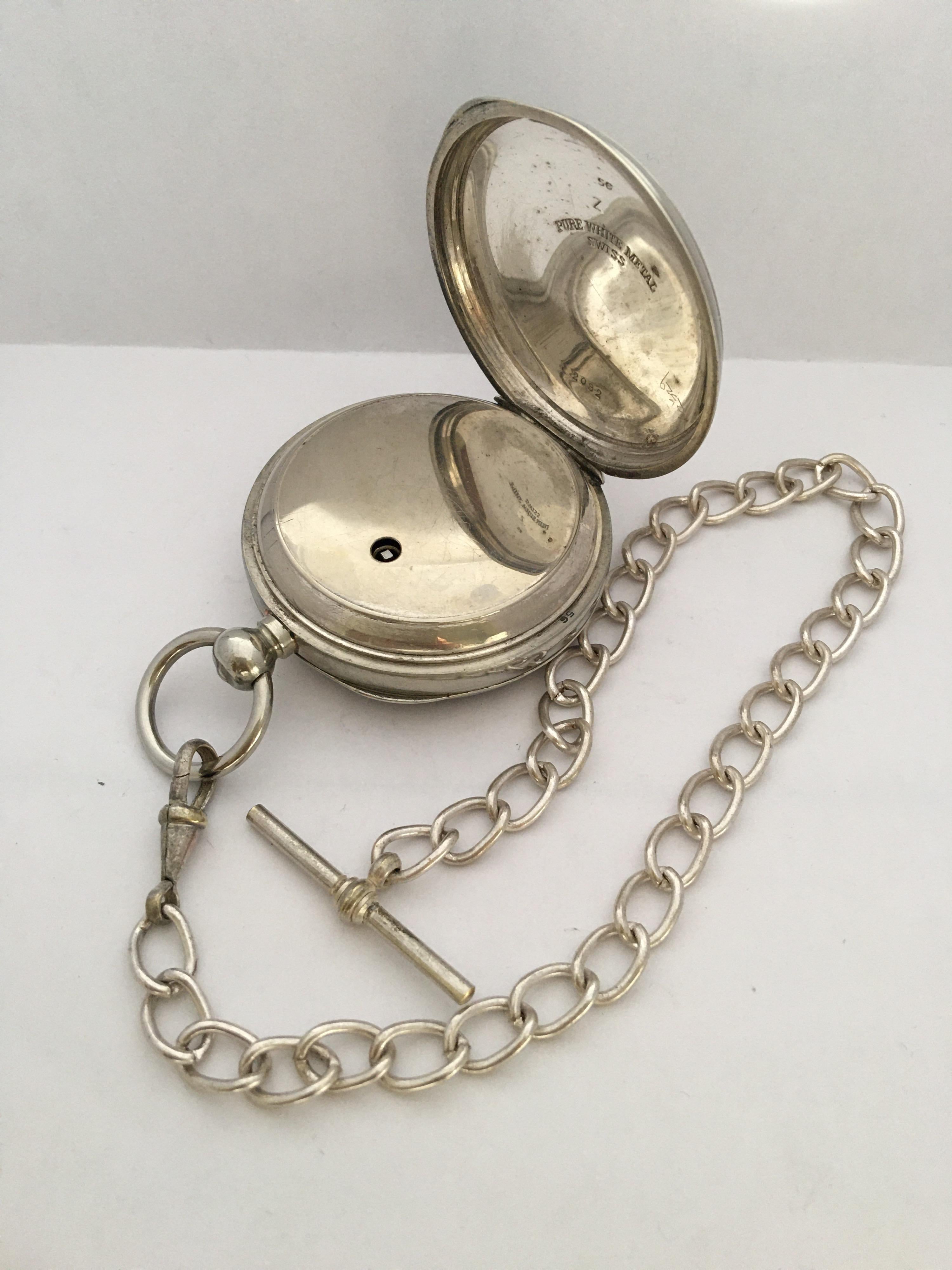 Antique Silver Plated Key-Winding Pocket Watch with a Chain 4