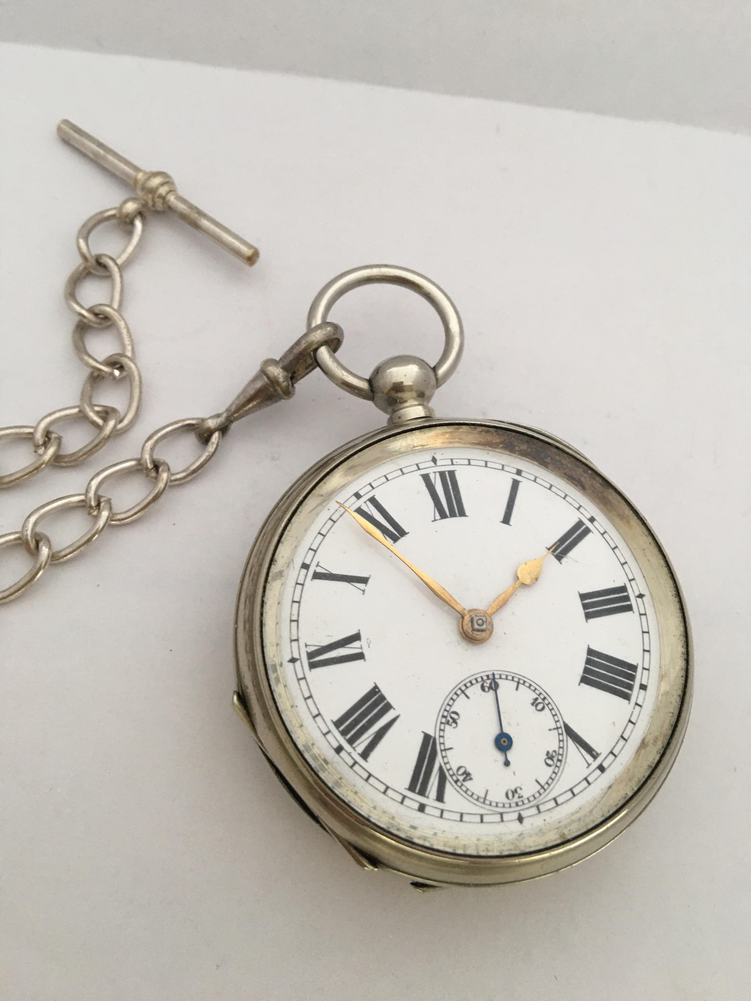 Antique Silver Plated Key-Winding Pocket Watch with a Chain 5
