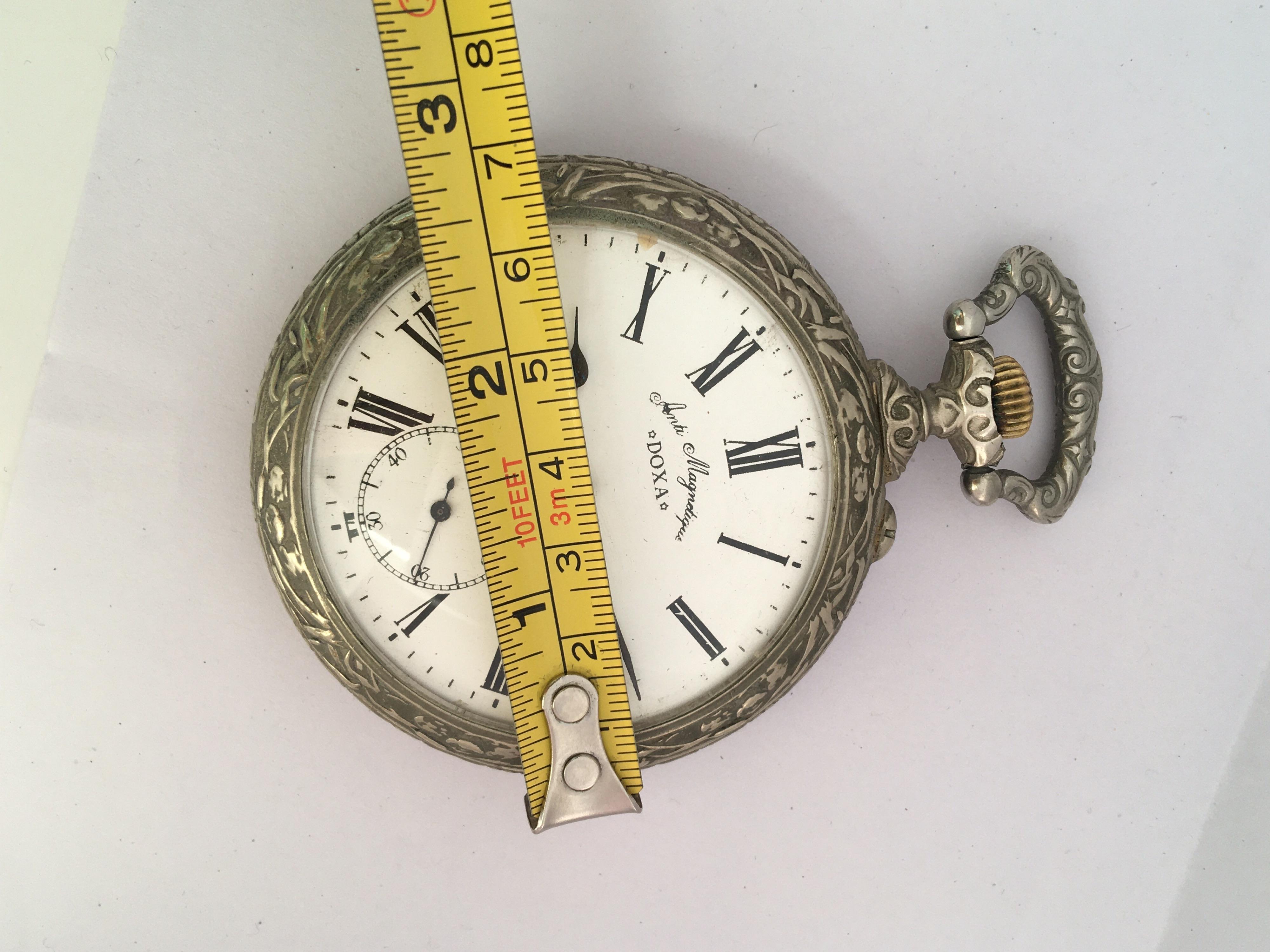 Antique Silver Plated Hand Winding DOXA Goliath Pocket Watch For Sale 4