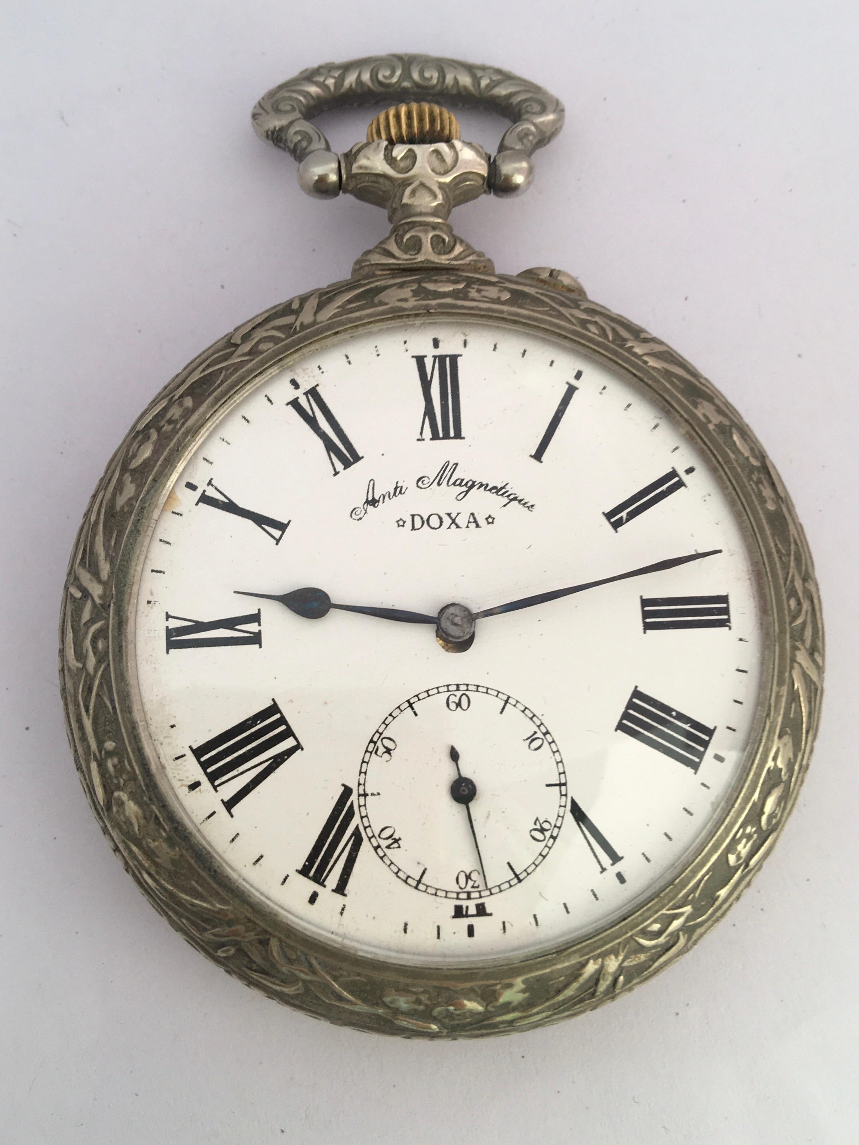 Antique Silver Plated Hand Winding DOXA Goliath Pocket Watch For Sale 6