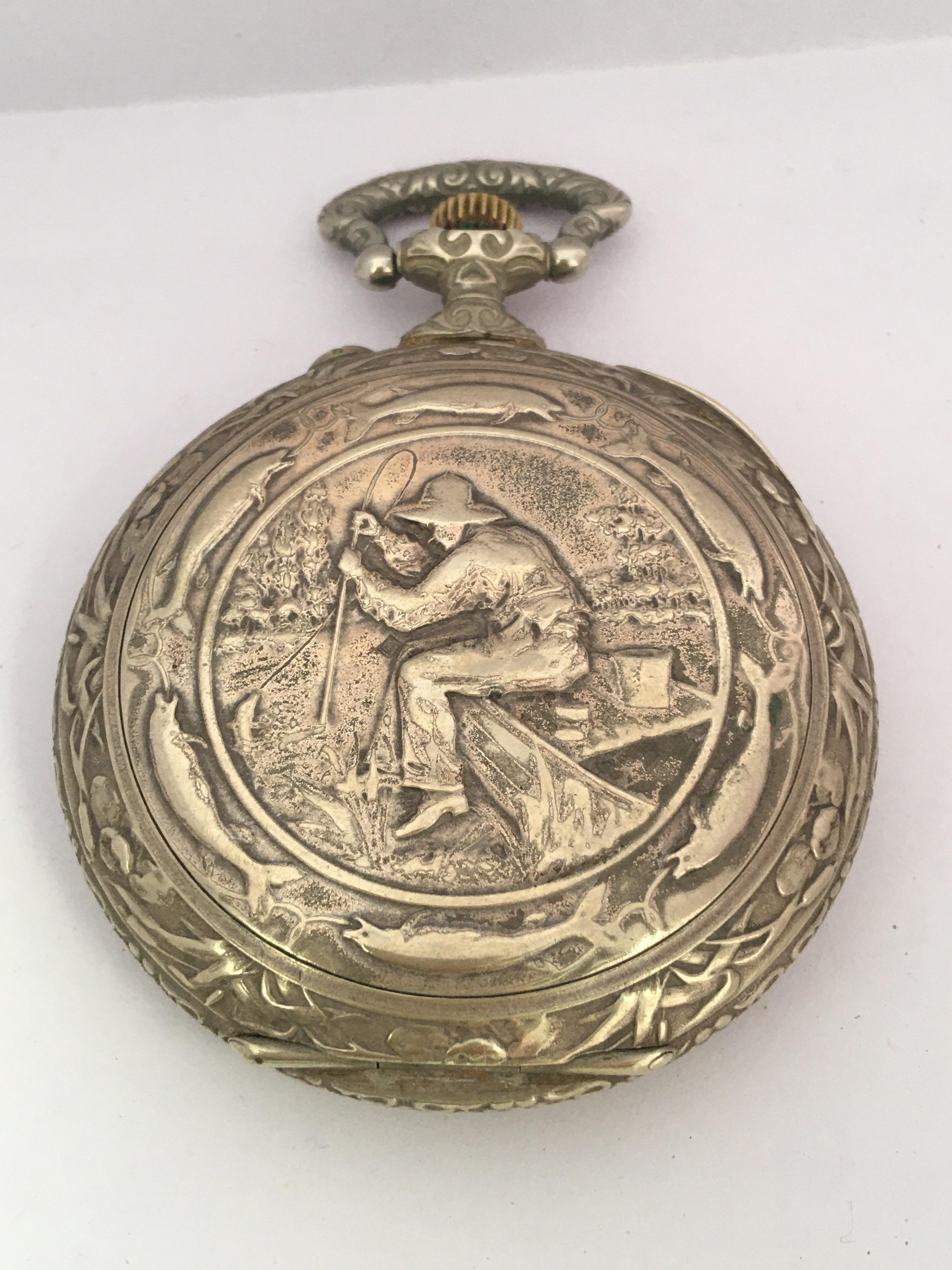Antique Silver Plated Hand Winding DOXA Goliath Pocket Watch For Sale 7