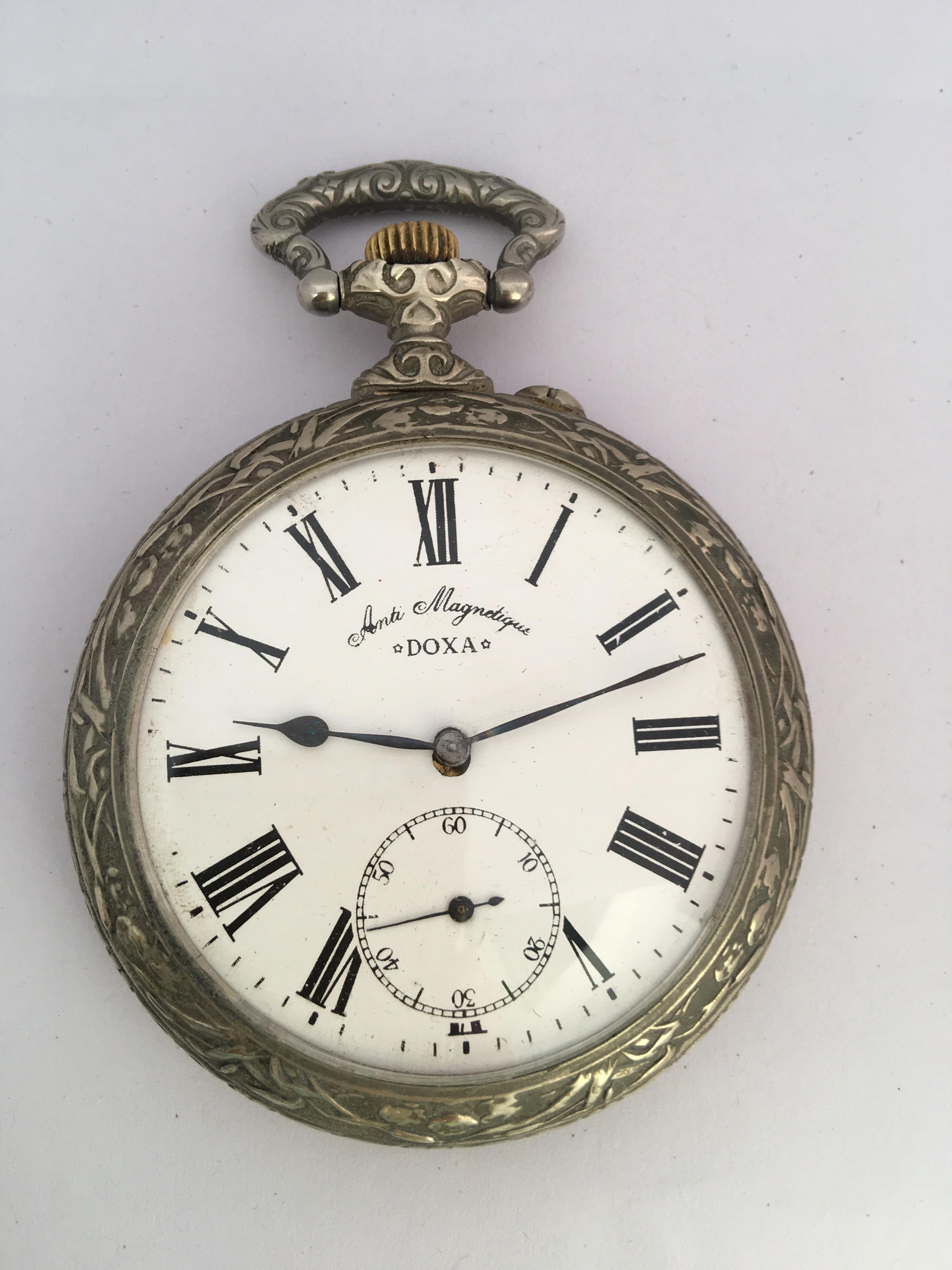 This beautiful antique bigger size 70mm diameter hand winding silver plated pocket watch is in good working condition and it is running well. It is fully engraved case depicting a “Fisherman” . Visible signs of ageing and wear as shown. Please study