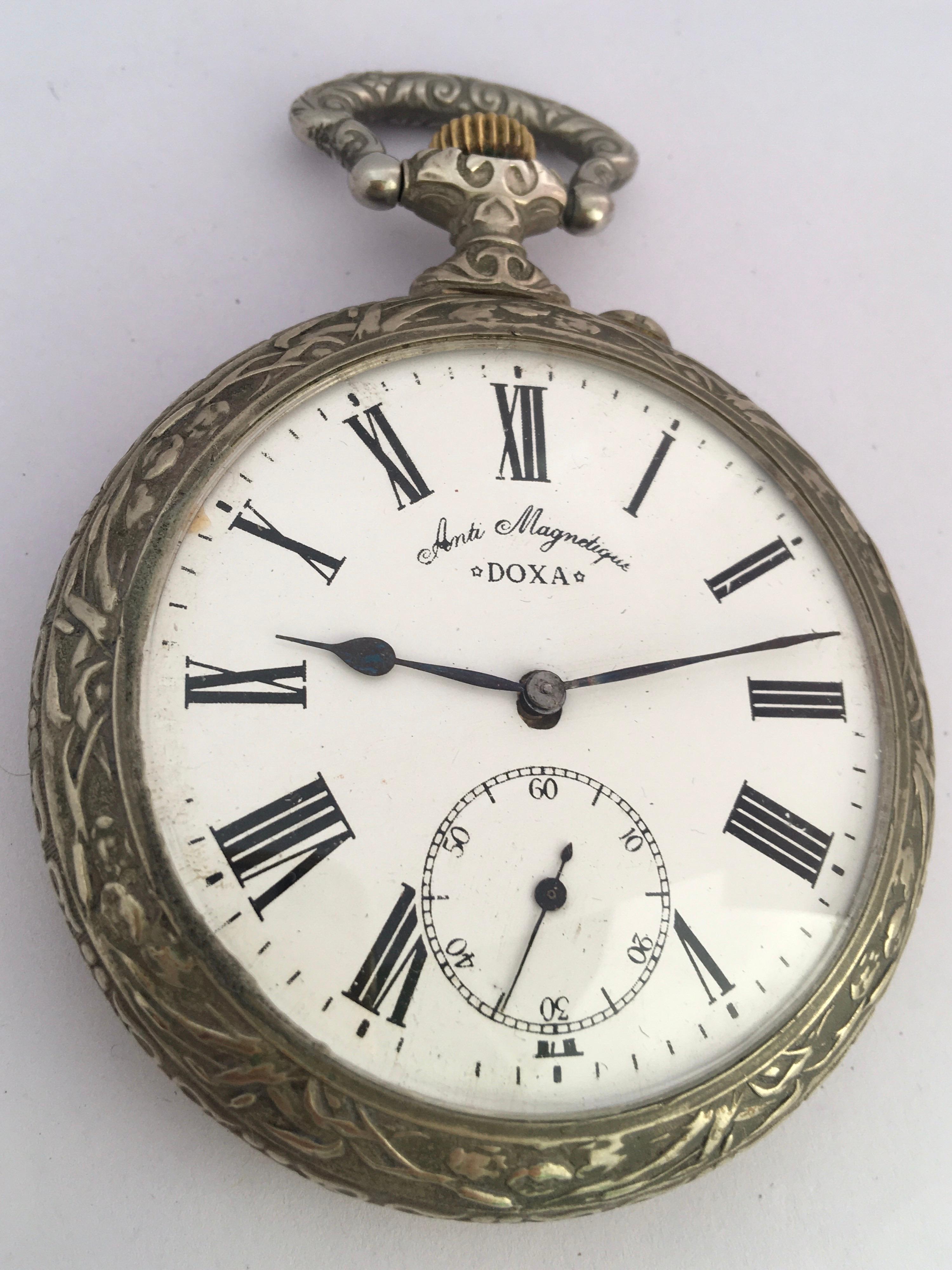 Antique Silver Plated Hand Winding DOXA Goliath Pocket Watch For Sale 1