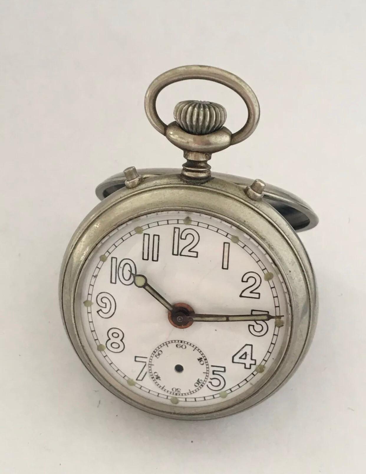 Antique Silver Plated Alarm Pocket Watch Signed Junghans In Fair Condition For Sale In Carlisle, GB