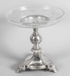 Antique Silver Plated and Engraved Glass Comport Centrepiece, 19th Century
