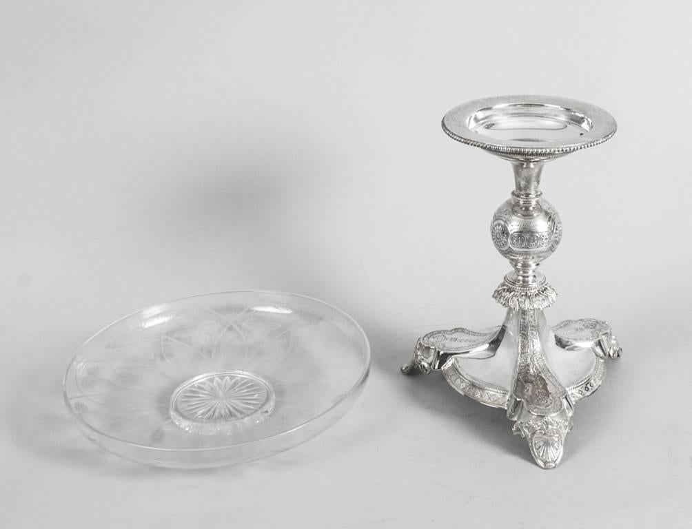 Antique Silver Plated and Engraved Glass Comport Centrepiece, 19th Century For Sale 1