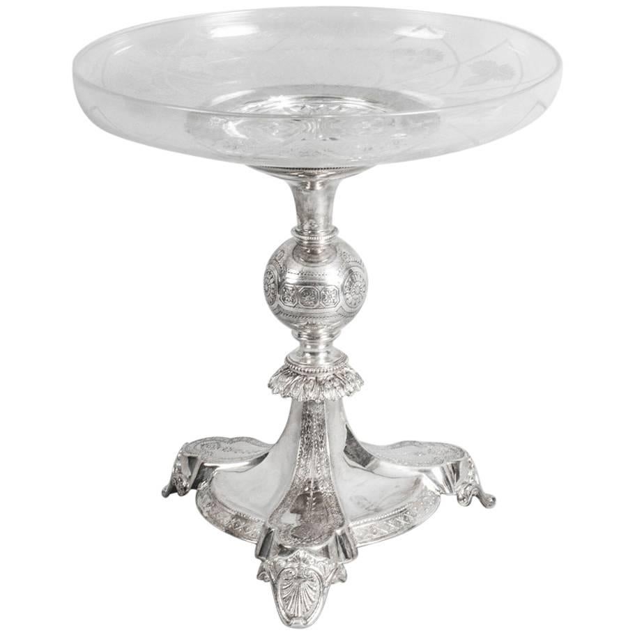 Antique Silver Plated and Engraved Glass Comport Centrepiece, 19th Century For Sale