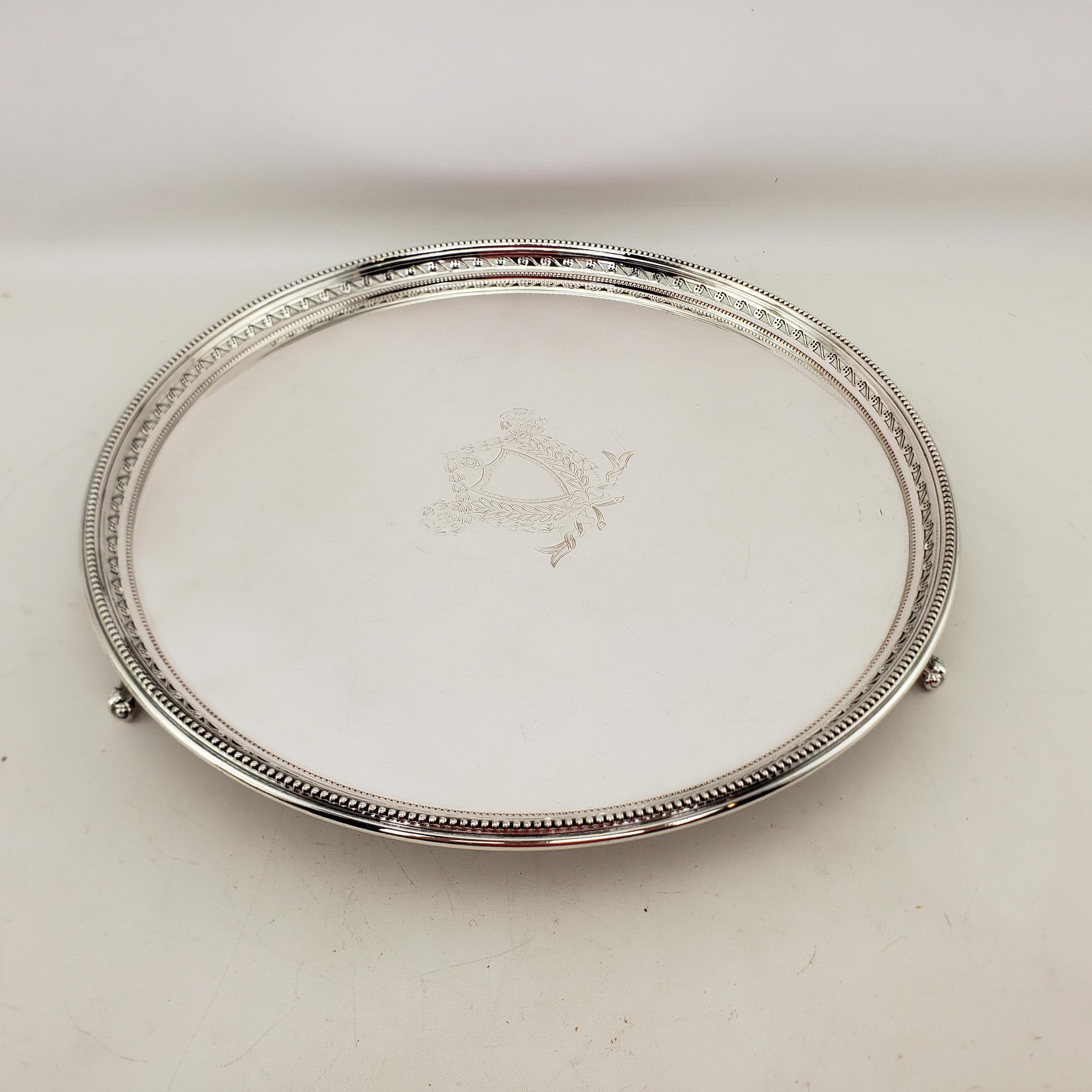English Antique Silver Plated Barker Ellis Round Footed Serving Tray or Salva