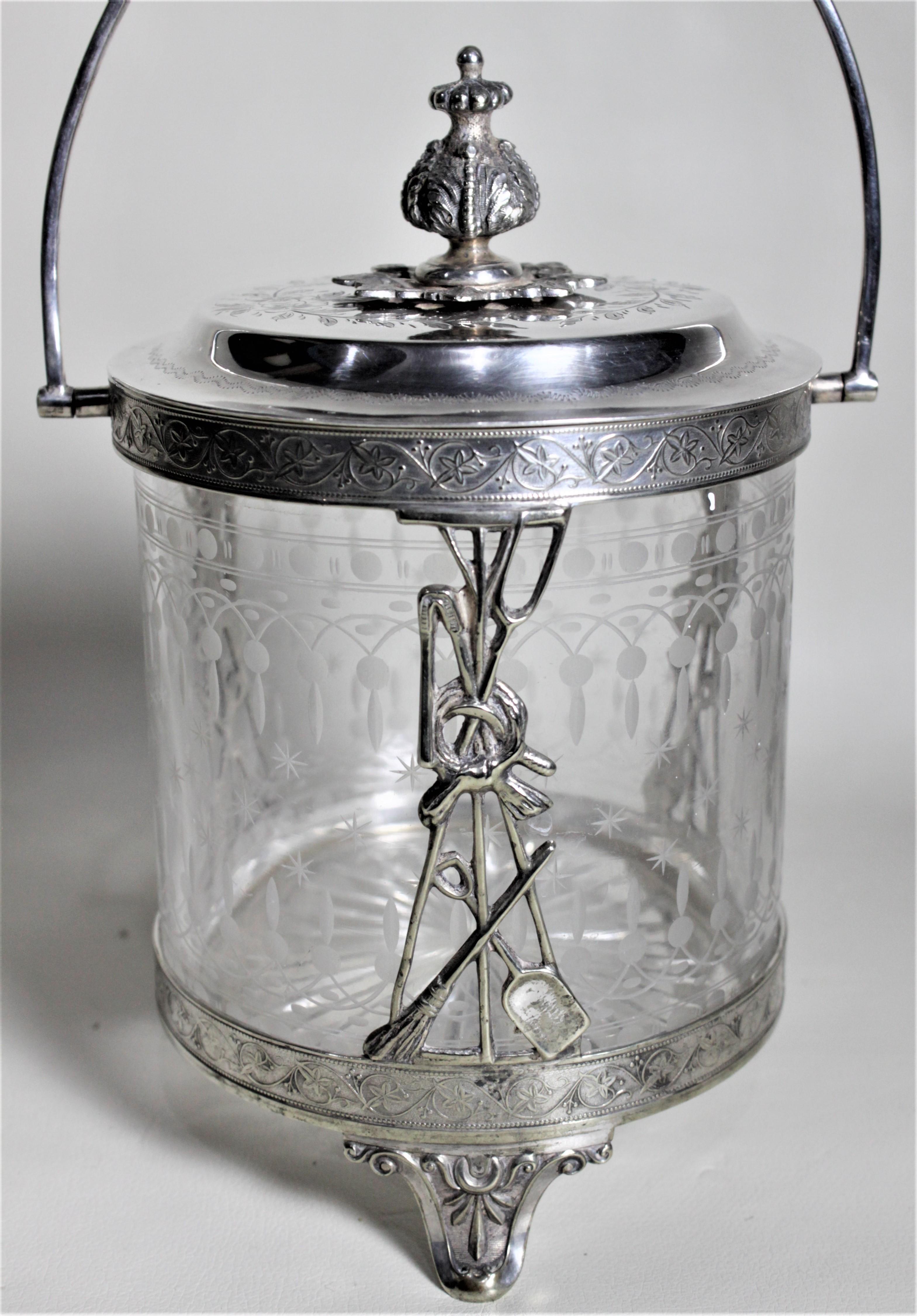 Antique Silver Plated Biscuit Barrel with Figural Decor & Etched Glass Insert 5