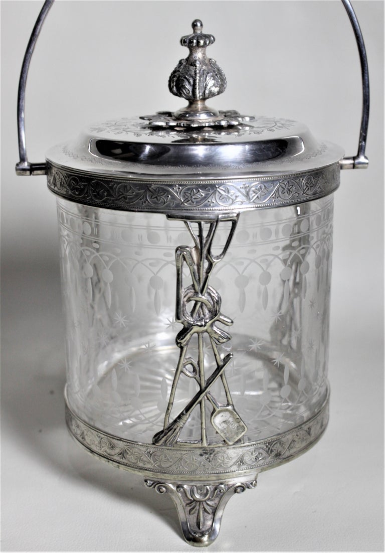 Antique Silver Plated Biscuit Barrel with Figural Decor and Etched