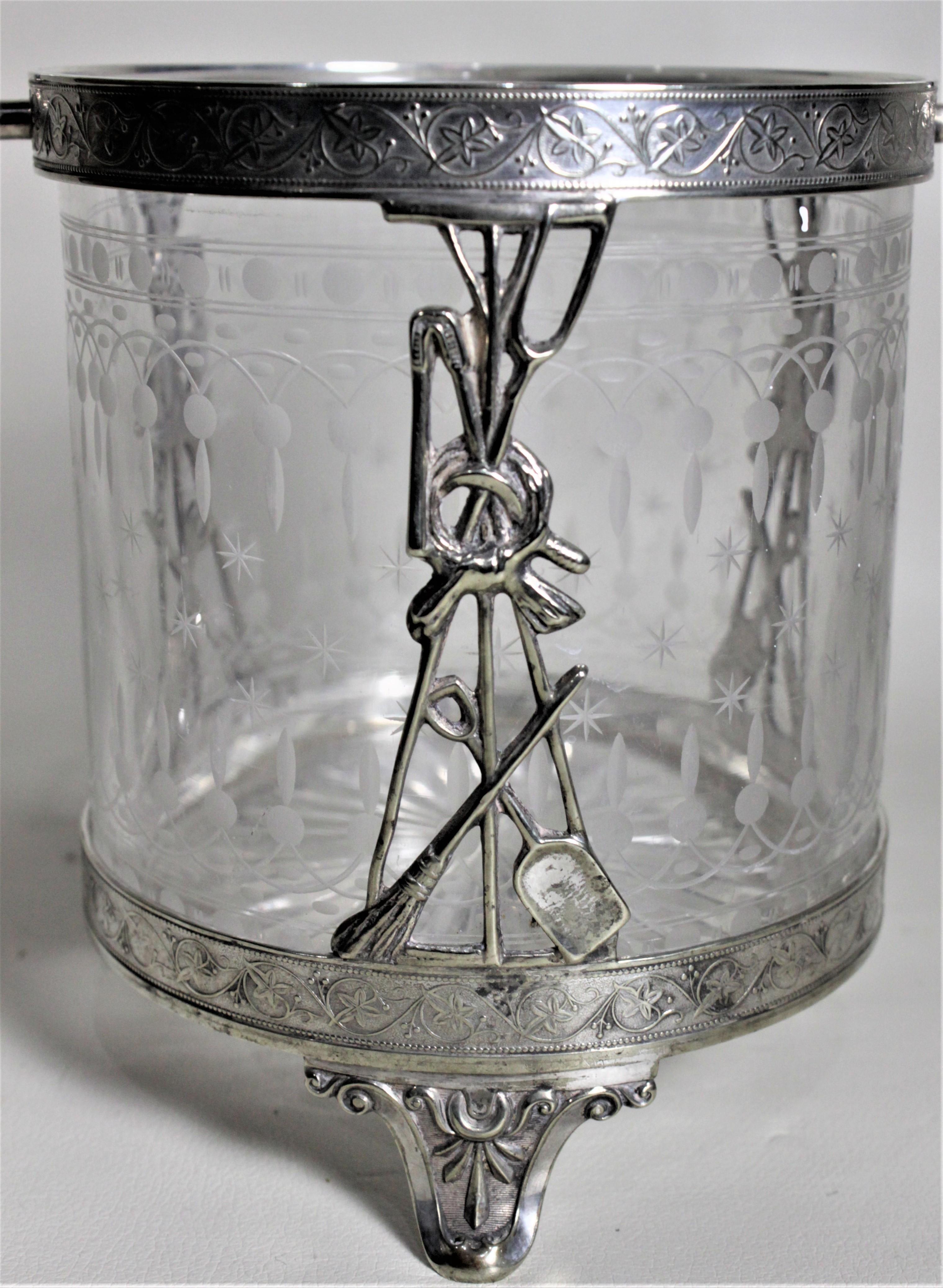 Antique Silver Plated Biscuit Barrel with Figural Decor & Etched Glass Insert 6