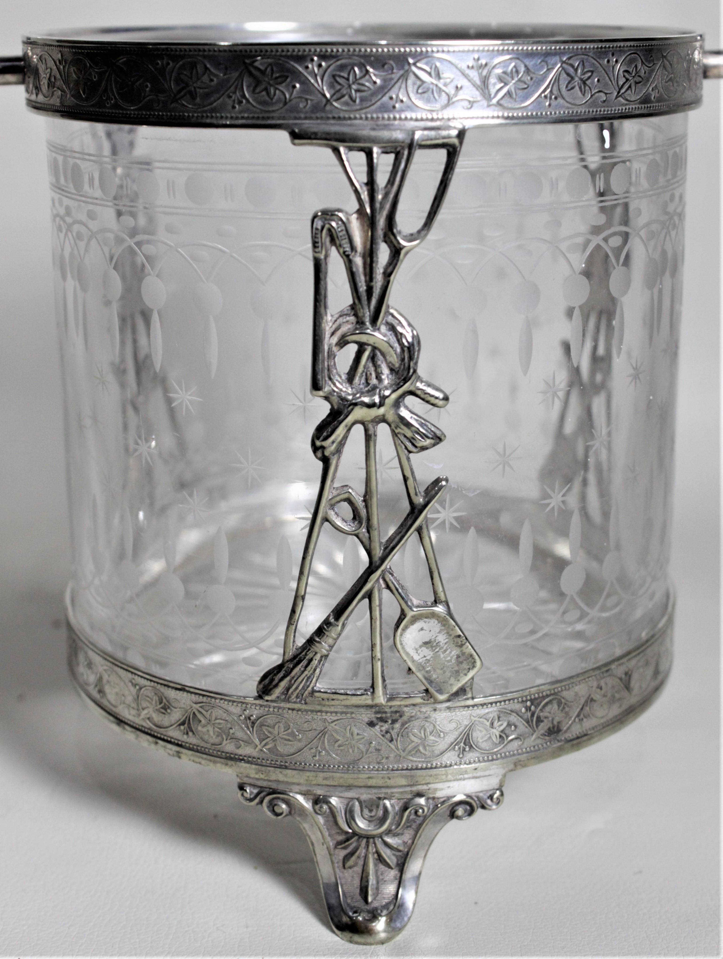 Antique Silver Plated Biscuit Barrel with Figural Decor & Etched Glass Insert 7