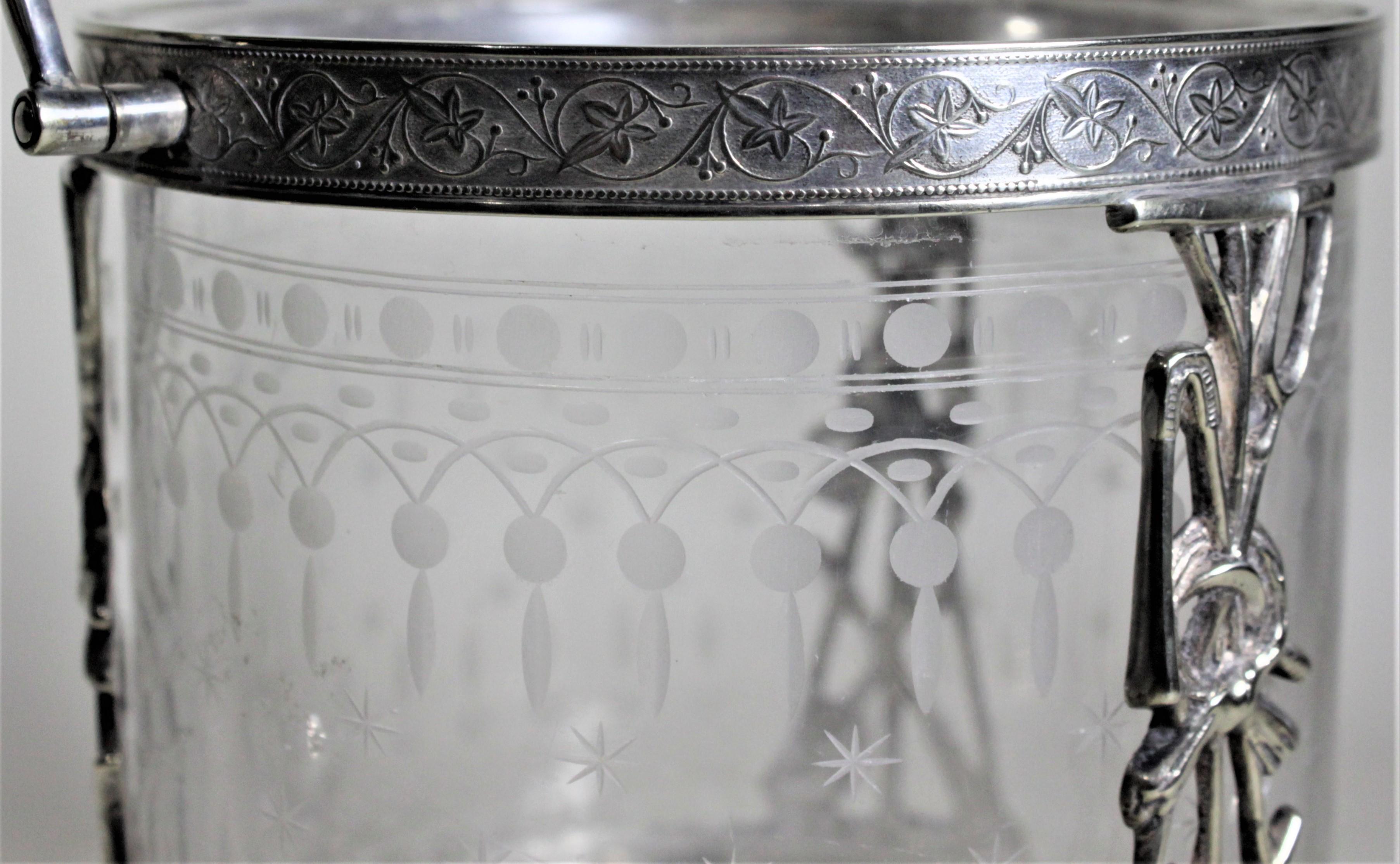 Antique Silver Plated Biscuit Barrel with Figural Decor & Etched Glass Insert 8