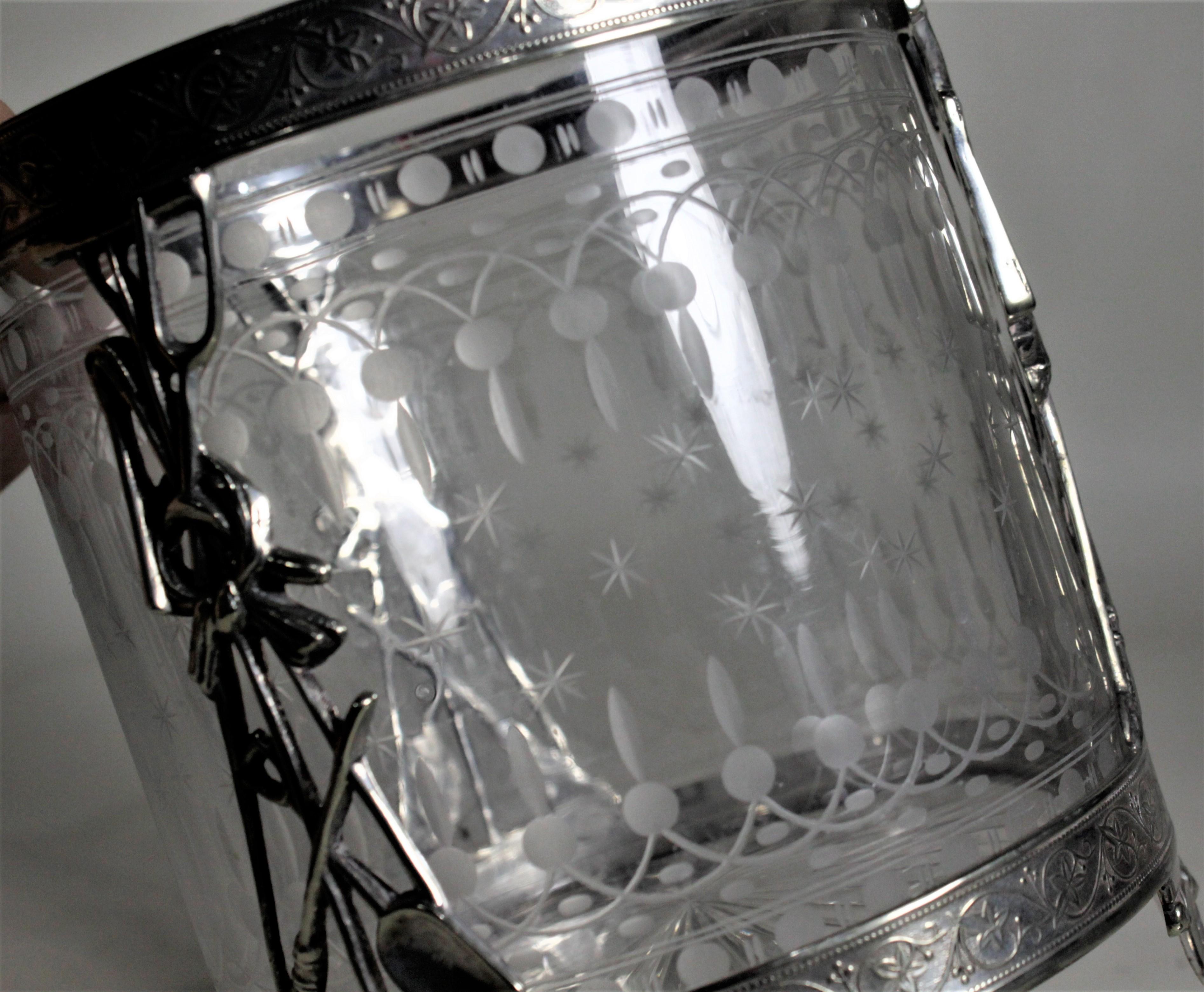 Antique Silver Plated Biscuit Barrel with Figural Decor & Etched Glass Insert 9