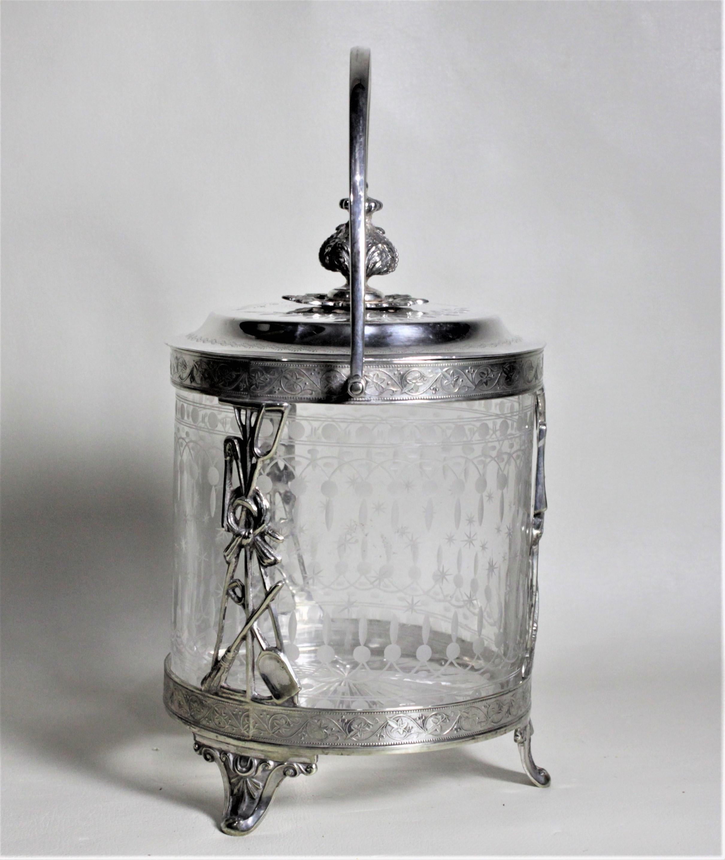Edwardian Antique Silver Plated Biscuit Barrel with Figural Decor & Etched Glass Insert