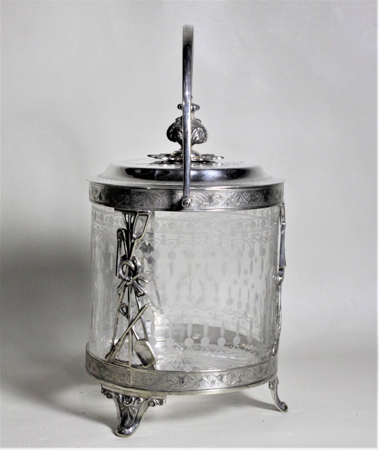 Antique Silver Plated Biscuit Barrel with Figural Decor and Etched