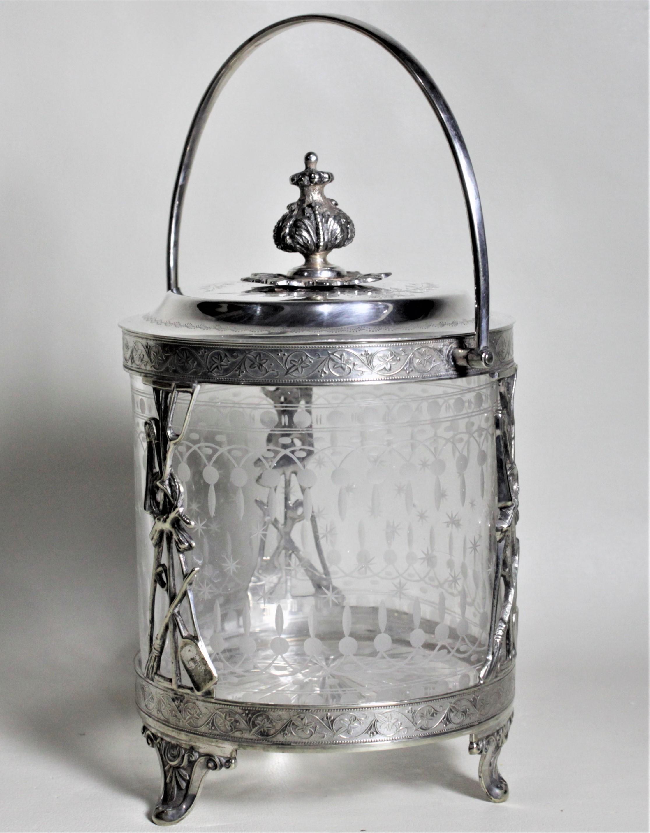 English Antique Silver Plated Biscuit Barrel with Figural Decor & Etched Glass Insert