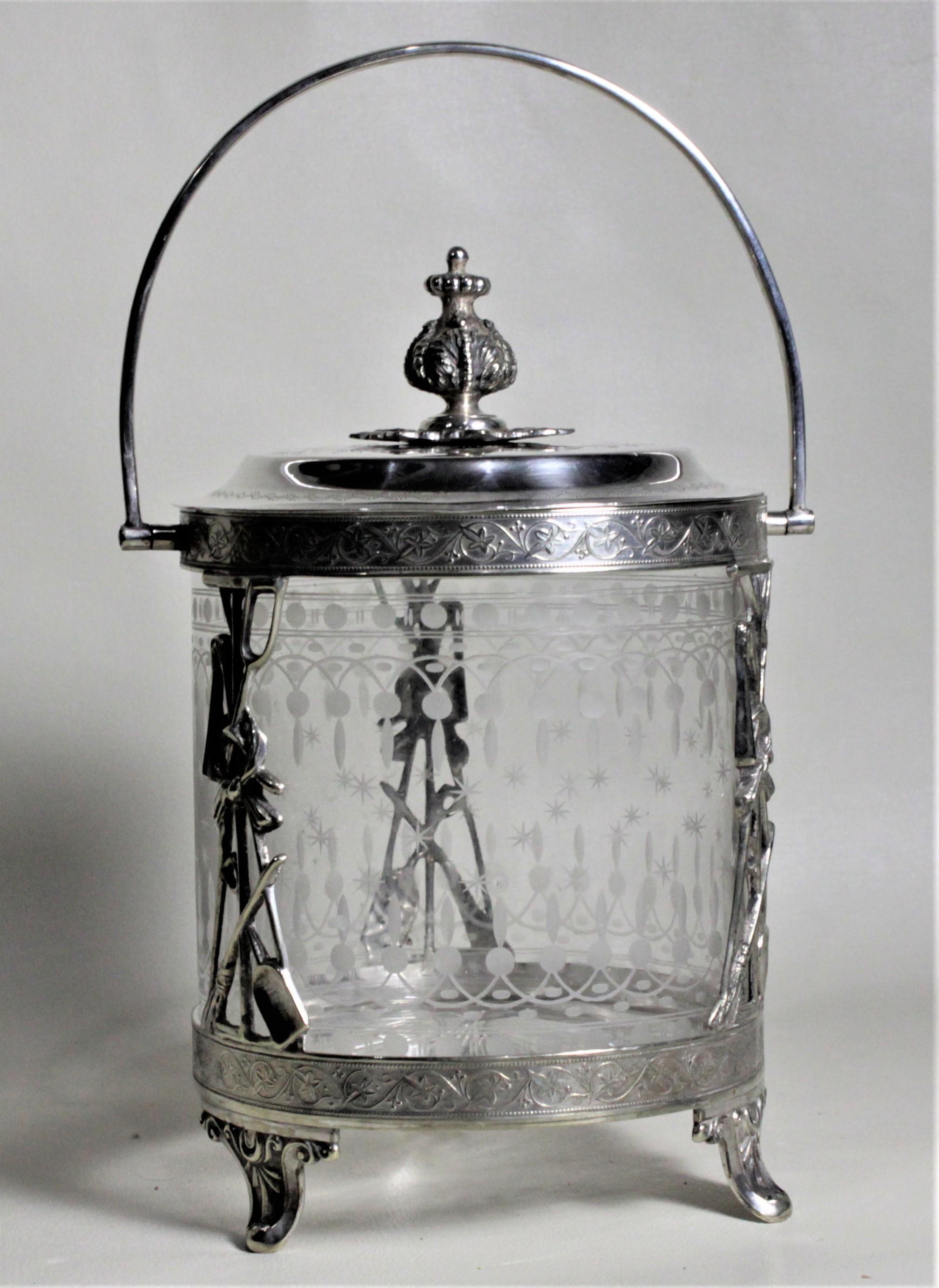 Antique Silver Plated Biscuit Barrel with Figural Decor & Etched Glass Insert In Good Condition In Hamilton, Ontario